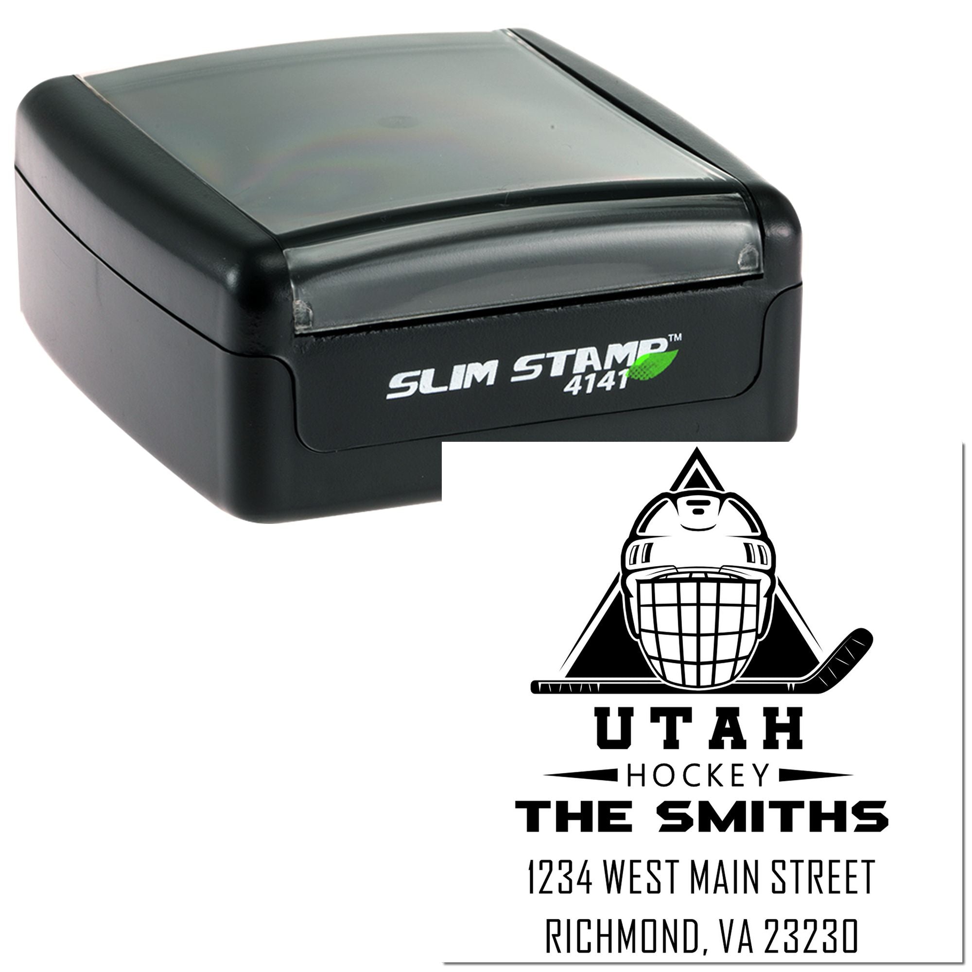 Custom self-inking rubber stamp with Utah Hockey return address design for The Smiths.