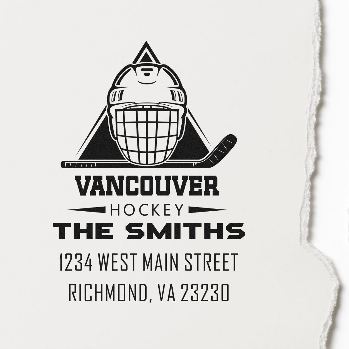 Custom hockey rubber stamp for The Smiths with Vancouver logo and address 1234 West Main Street, Richmond, VA 23230.