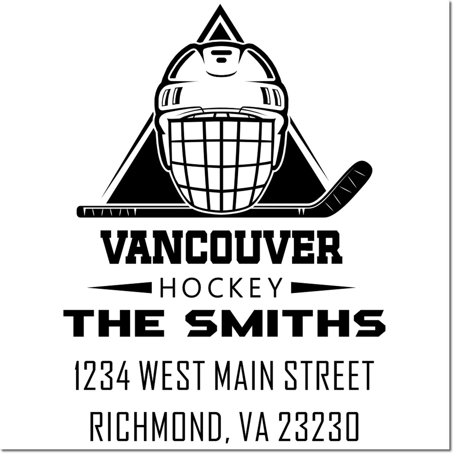 Personalized Vancouver hockey return address rubber stamp with goalie helmet, The Smiths, Richmond VA 23230.