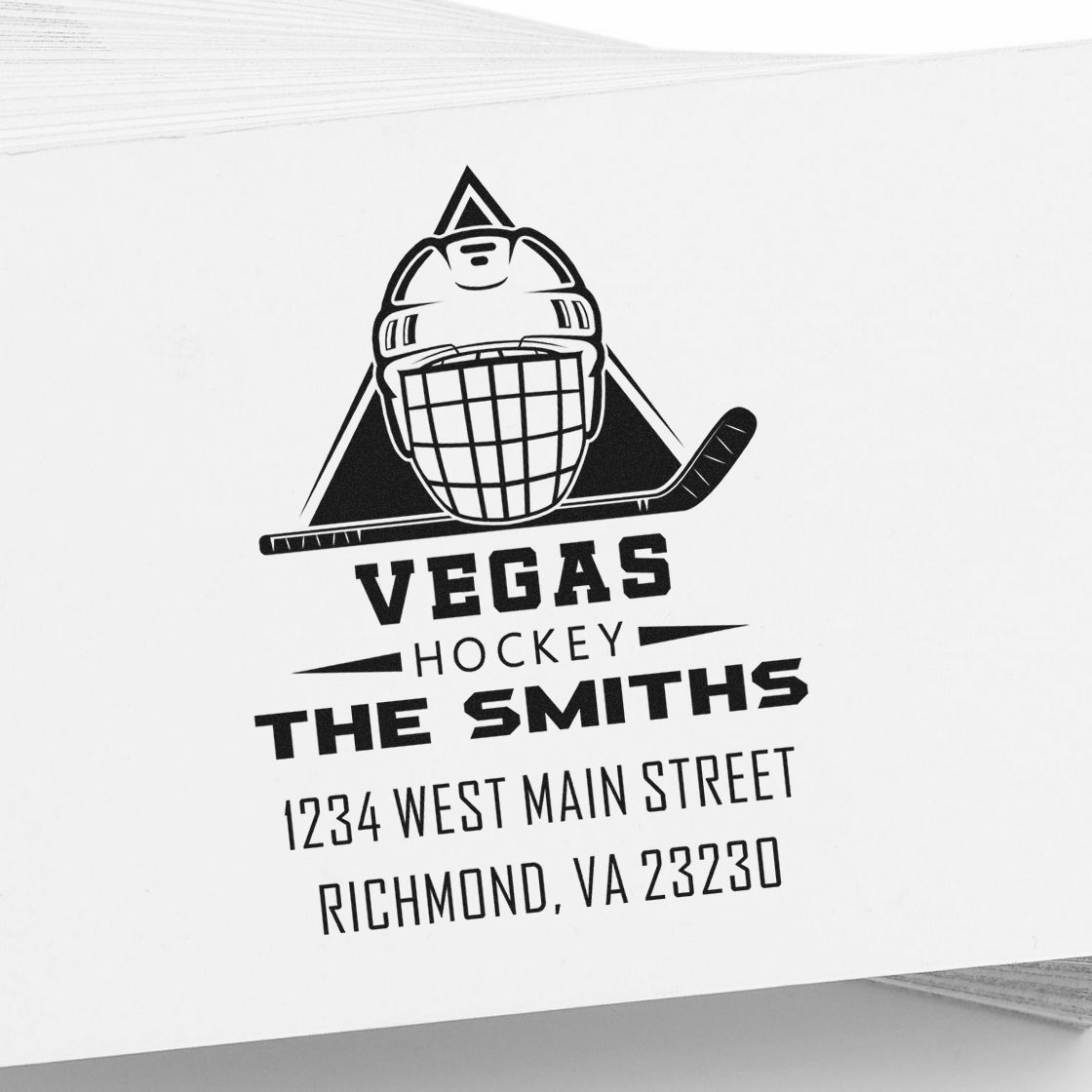 Custom hockey rubber stamp for Vegas Hockey, The Smiths, 1234 West Main Street, Richmond, VA 23230.