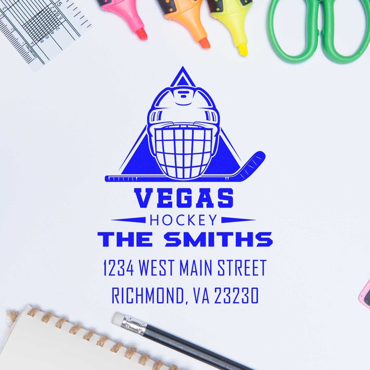Custom hockey rubber stamp impression for The Smiths with Vegas Hockey logo, name, and Richmond, VA address for stationery branding.