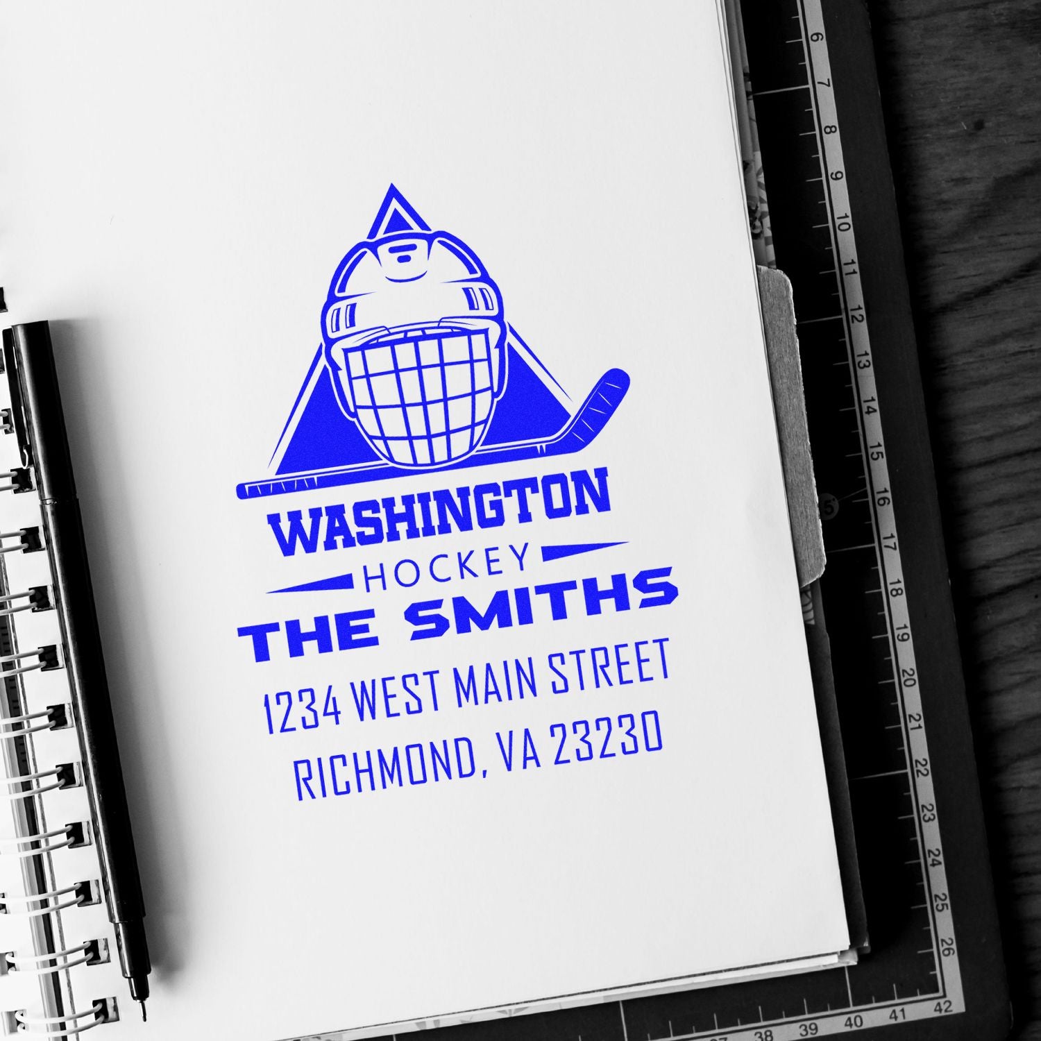 Custom Washington Hockey return address rubber stamp with goalie logo for The Smiths, Richmond, VA 23230
