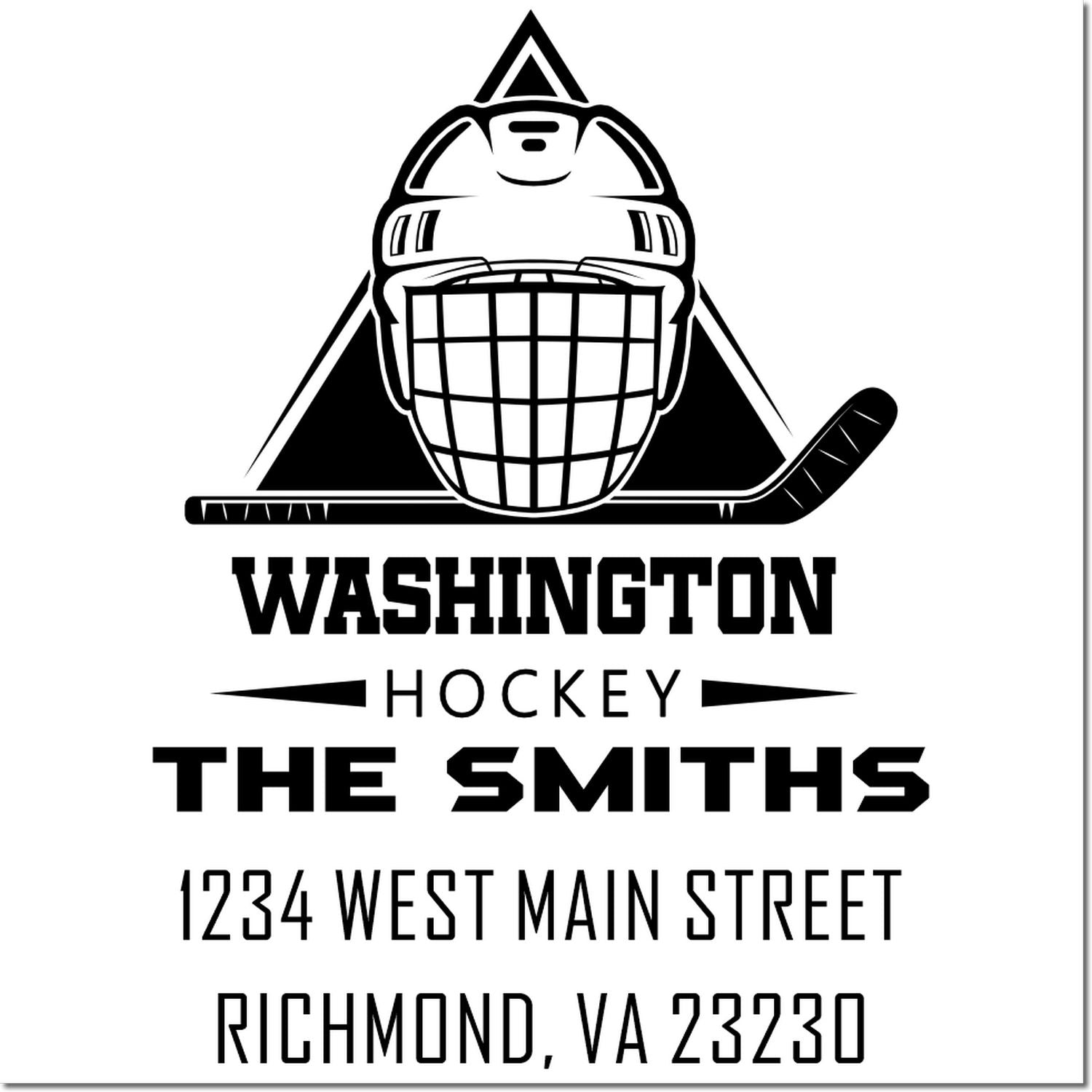 Custom Washington hockey rubber stamp for The Smiths, featuring a goalie mask, hockey stick, and Richmond, VA address.