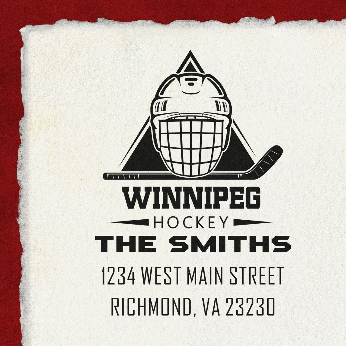 Custom hockey rubber stamp for The Smiths, featuring a Winnipeg goalie helmet logo and Richmond, VA address.