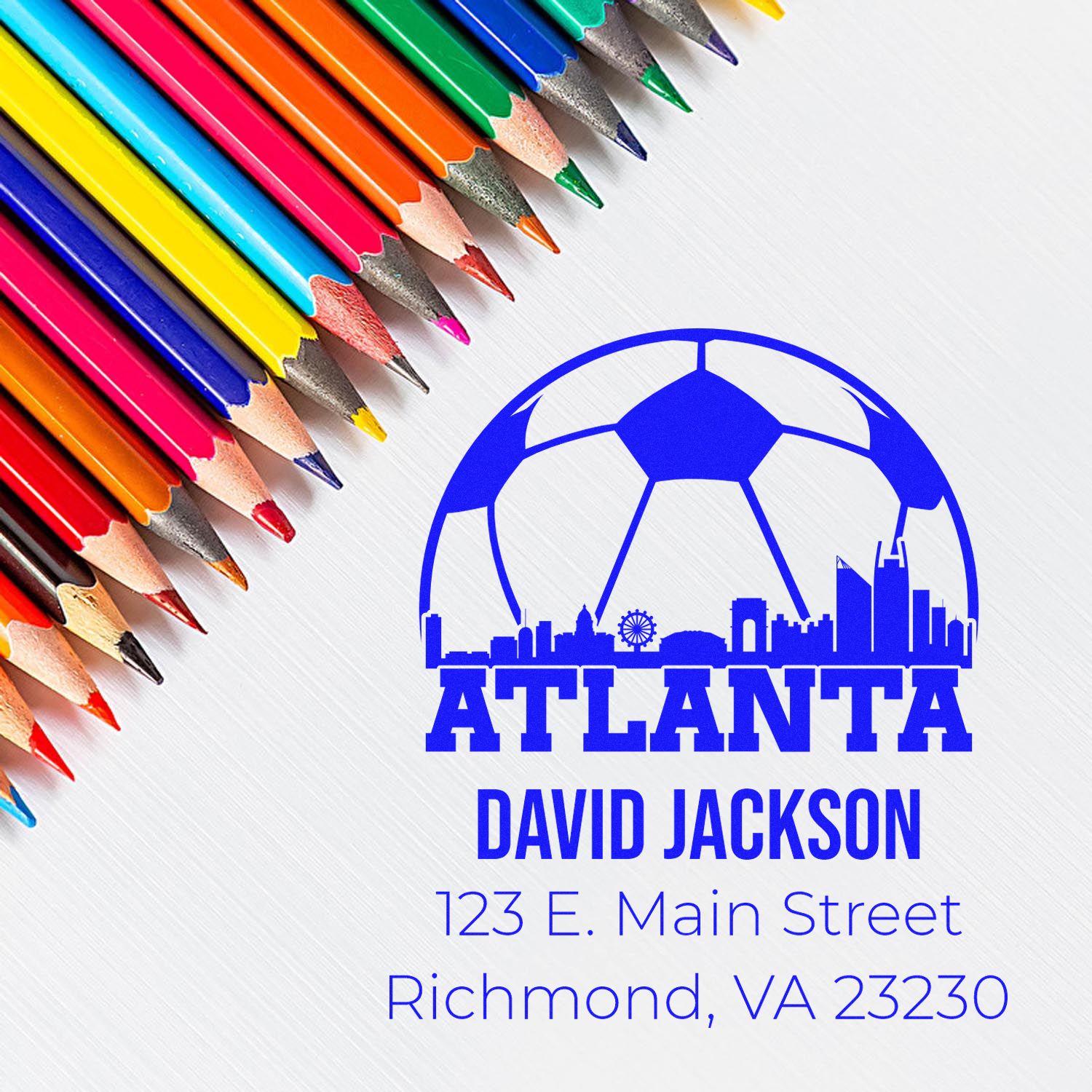 Custom Atlanta rubber stamp design with skyline logo, David Jackson, and Richmond, VA 23230 address.