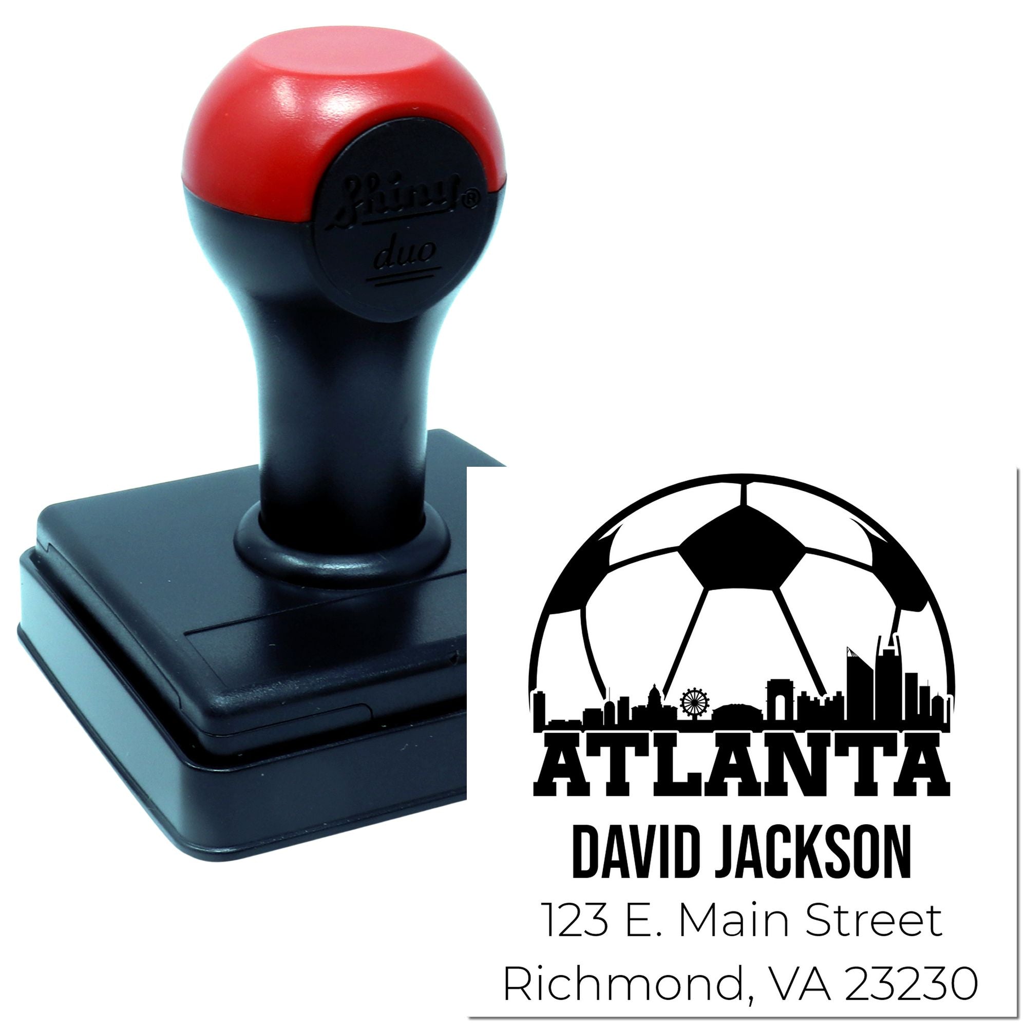 Custom self-inking rubber address stamp with Atlanta skyline design for David Jackson, Richmond, VA.