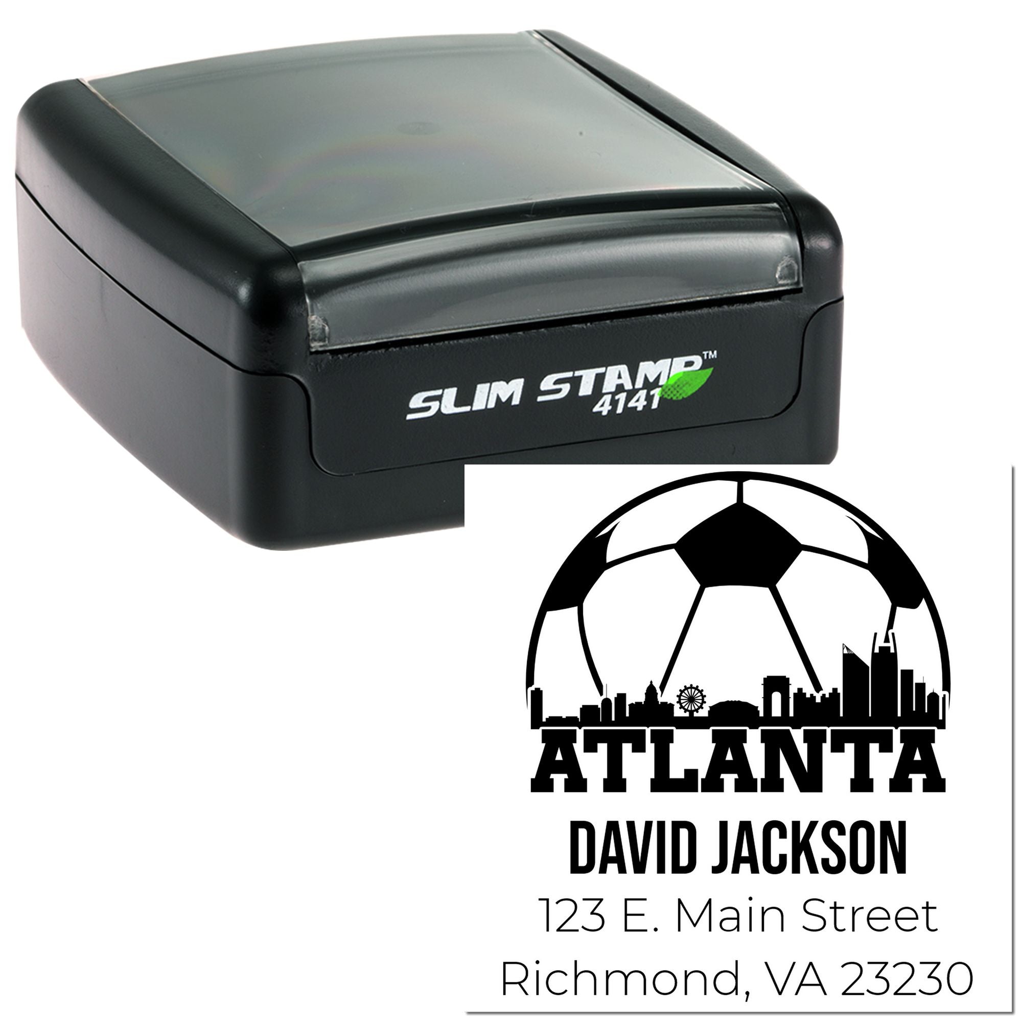 Custom return address rubber stamp with Atlanta skyline design for David Jackson, 123 E. Main St., Richmond, VA 23230