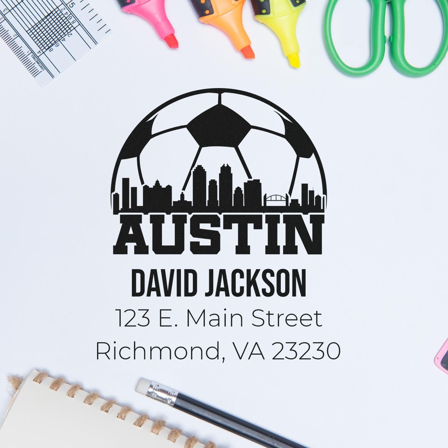 Personalized Austin rubber stamp with David Jackson name, address and soccer skyline logo for mailing.
