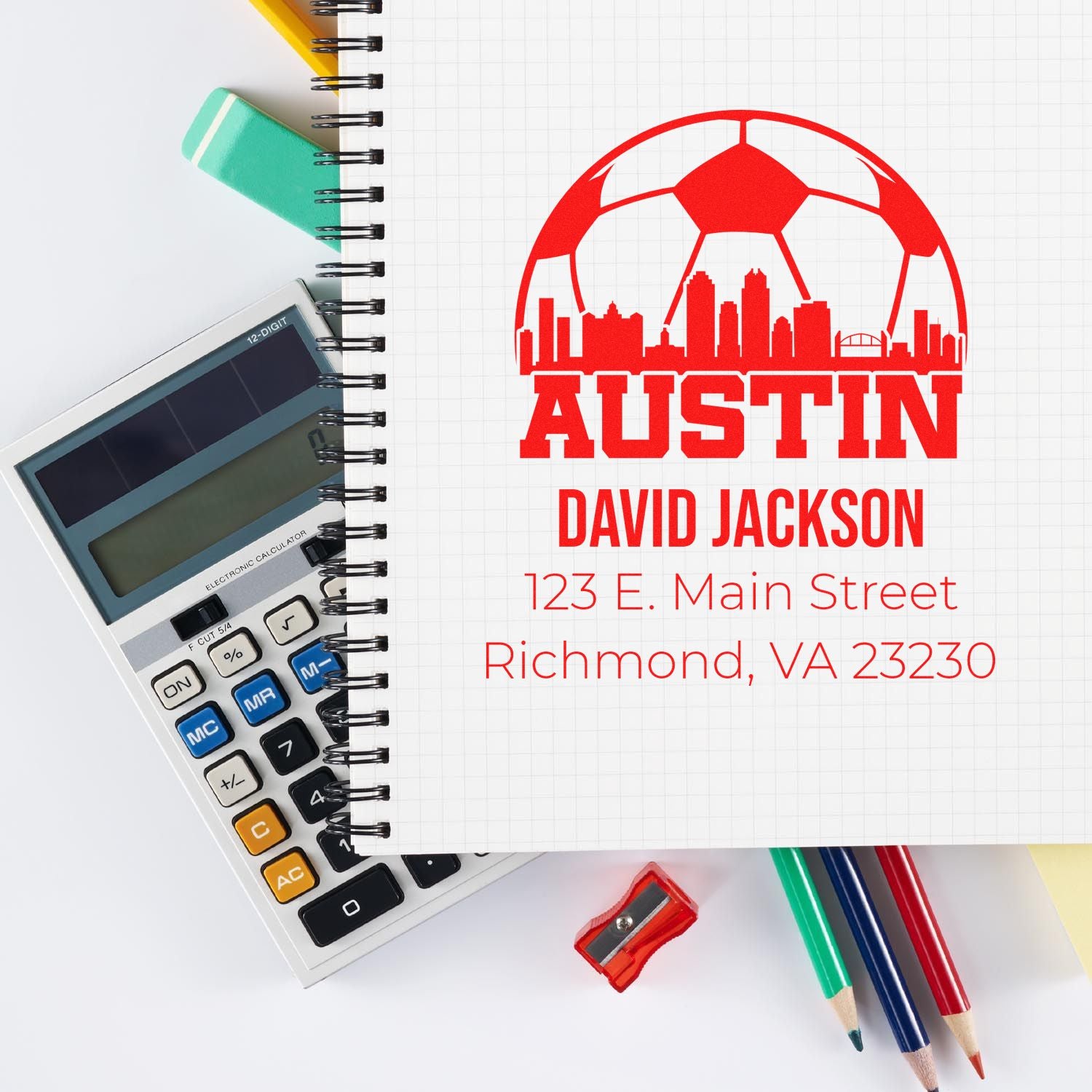 Custom rubber return address stamp with Austin skyline, David Jackson, 123 E. Main Street, Richmond, VA 23230.