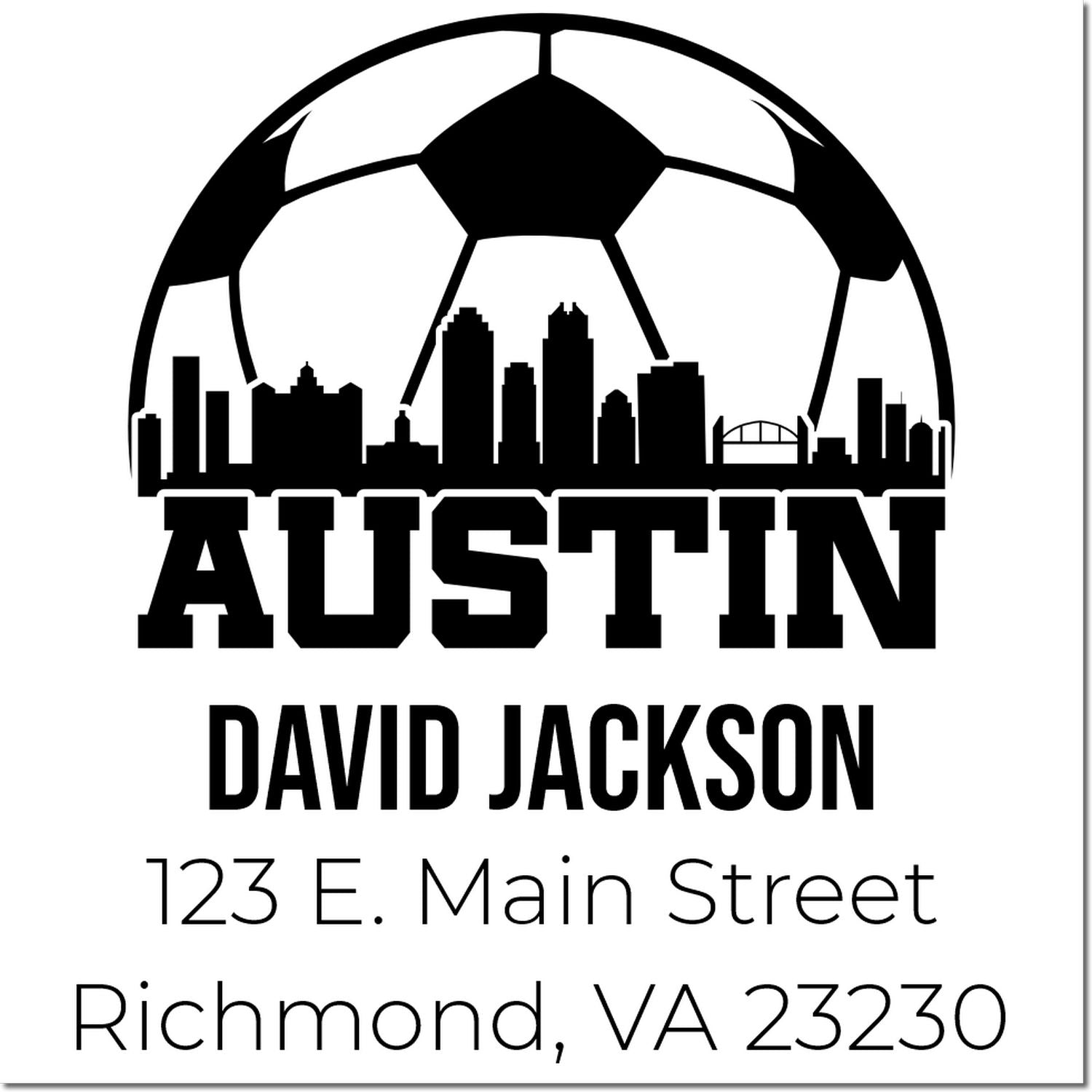 Custom Austin rubber stamp with skyline soccer ball design, personalized return address for David Jackson, Richmond VA 23230.