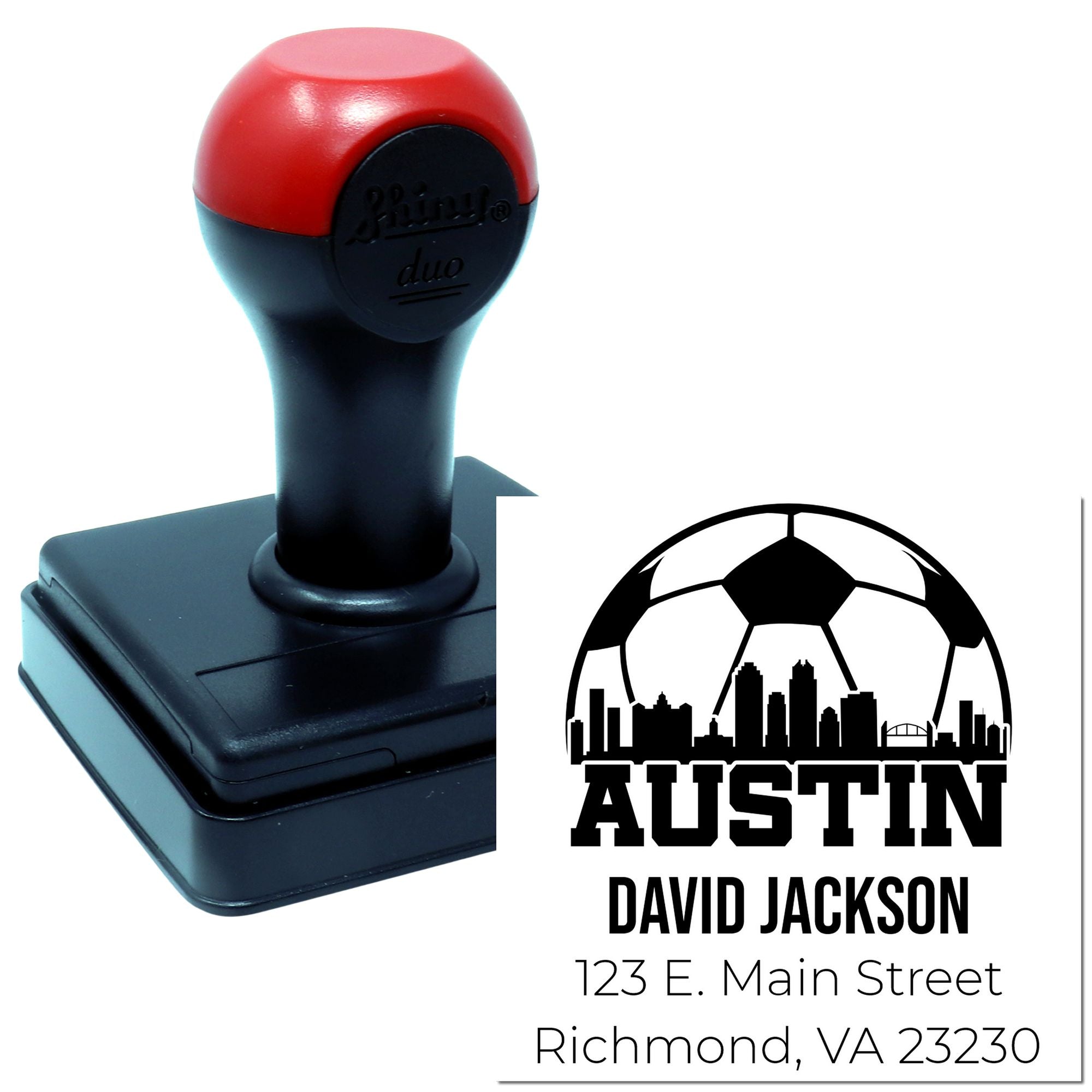 Custom self-inking Austin rubber stamp with skyline logo, David Jackson name, and address