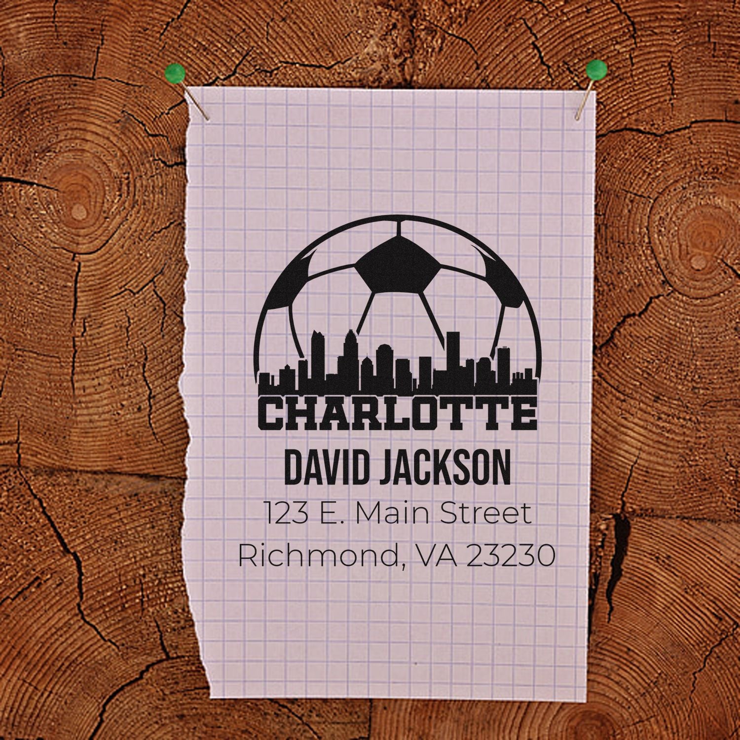 Custom Charlotte soccer skyline rubber stamp with return address for David Jackson, Richmond, VA 23230.