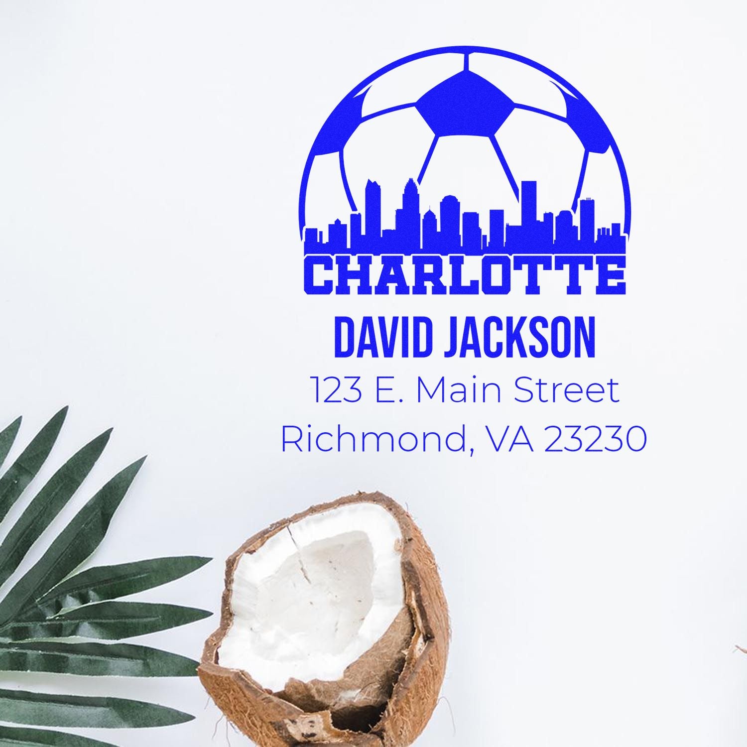 Custom rubber address stamp with Charlotte soccer skyline logo, David Jackson name, and Richmond, VA address.