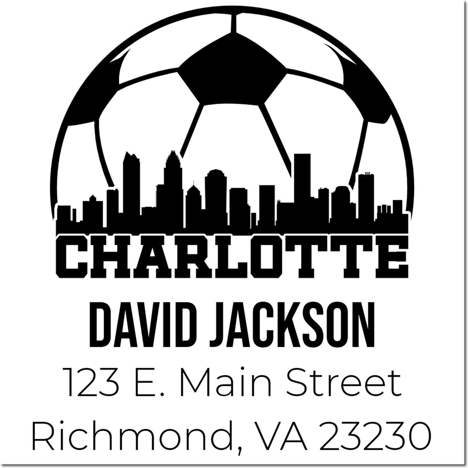 Personalized Charlotte rubber stamp with soccer ball skyline, David Jackson name, and Richmond, VA address for return mail.