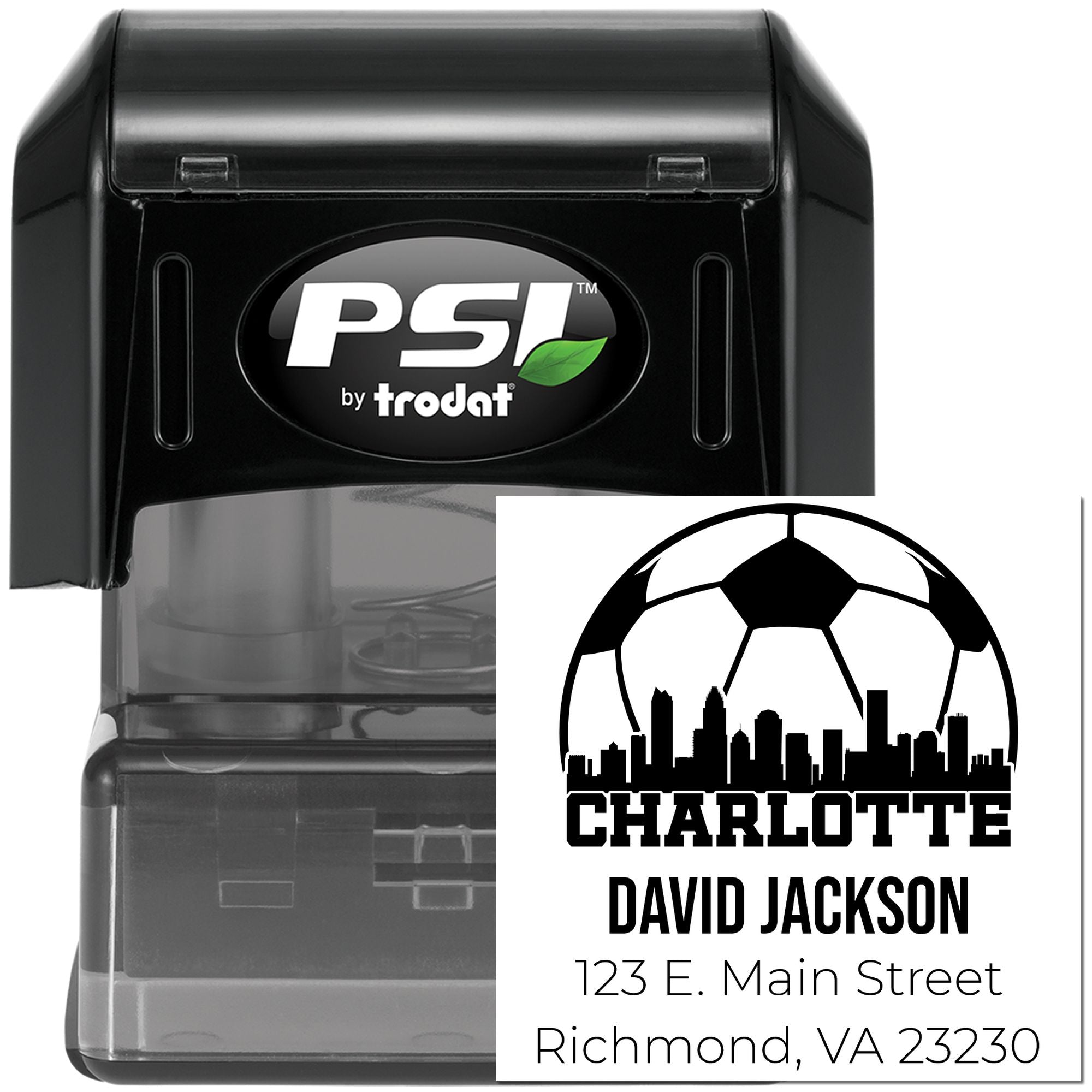 Custom self-inking rubber stamp with soccer-themed Charlotte return address design for personalized mailing labels.