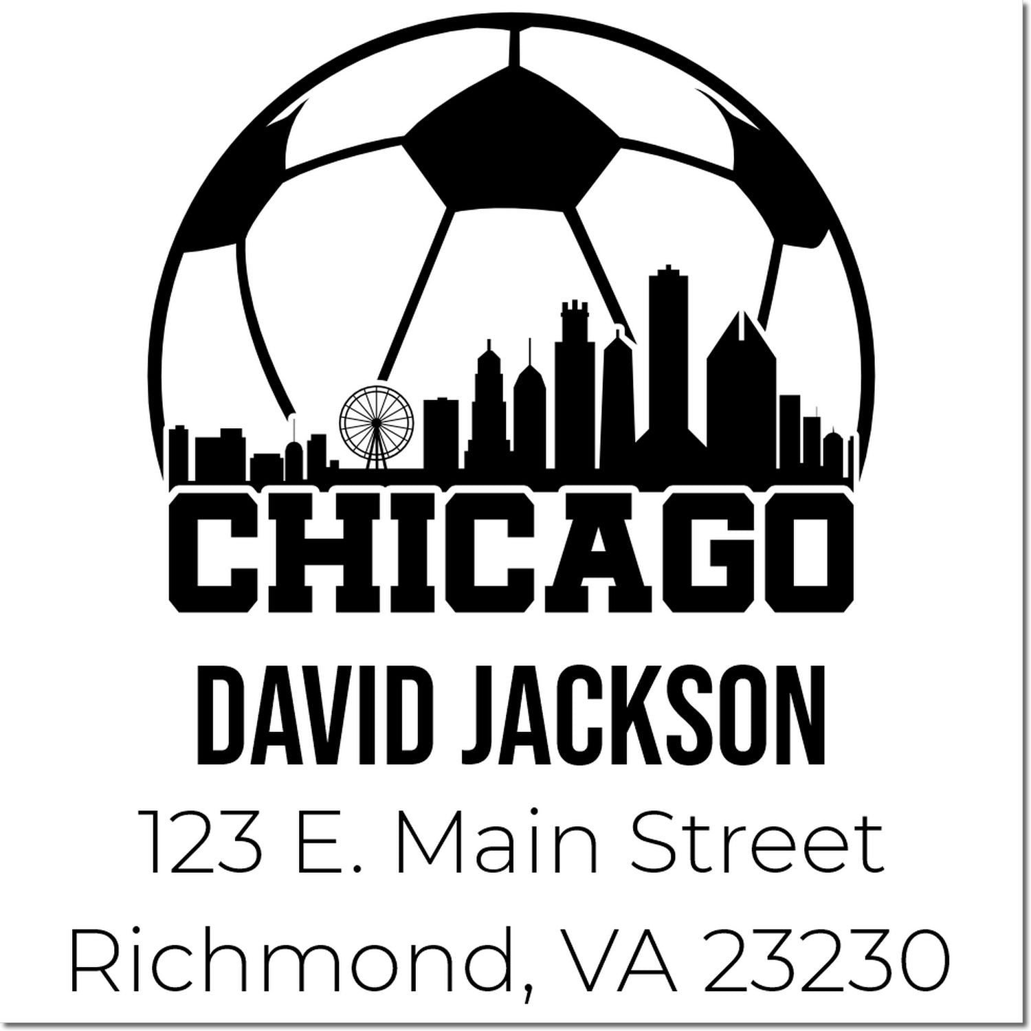 Chicago soccer custom rubber stamp with skyline, personalized address stamp for David Jackson, Richmond, VA 23230.