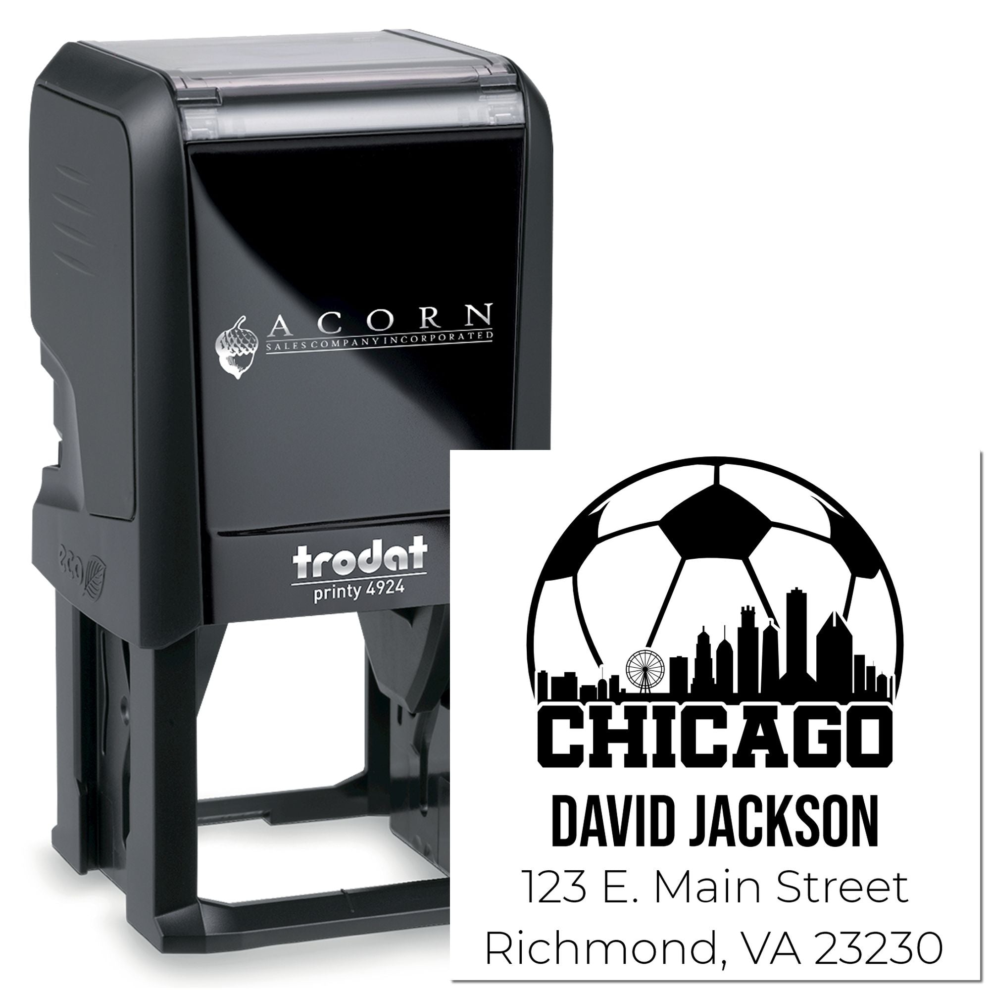 Custom self-inking rubber stamp Trodat Printy 4924 with Chicago address and logo for business branding