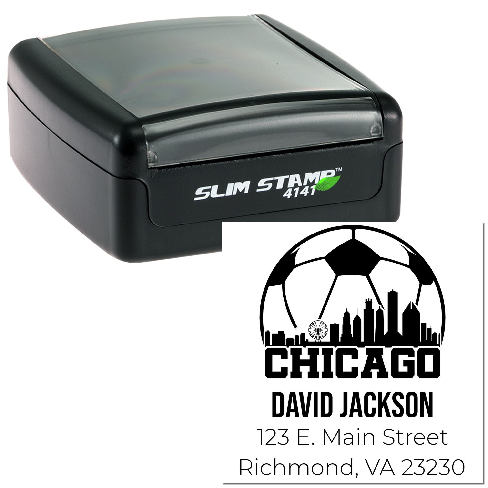 Custom Chicago address self-inking rubber stamp for David Jackson with city skyline and personalized return address.