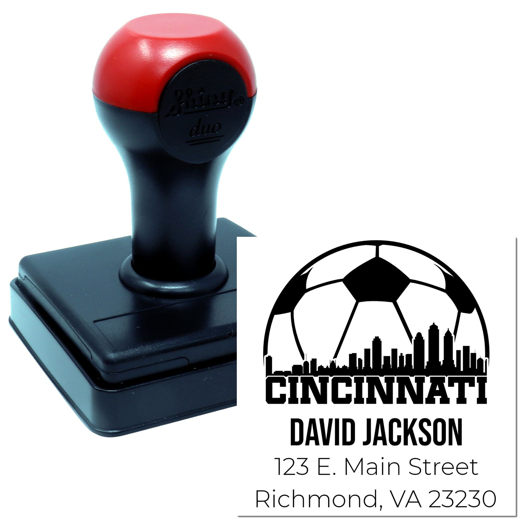 Custom self-inking rubber stamp with Cincinnati soccer logo, David Jackson name, and return address imprint