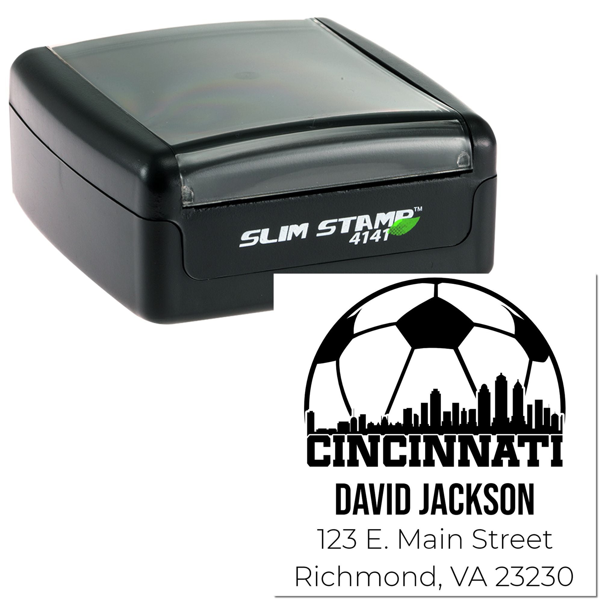 Custom self-inking rubber stamp with Cincinnati soccer logo, name, and address imprint for personalized mailing.