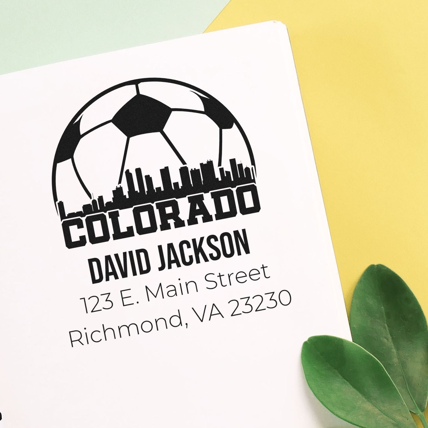 Personalized Colorado soccer address stamp for David Jackson with skyline and custom mailing address.