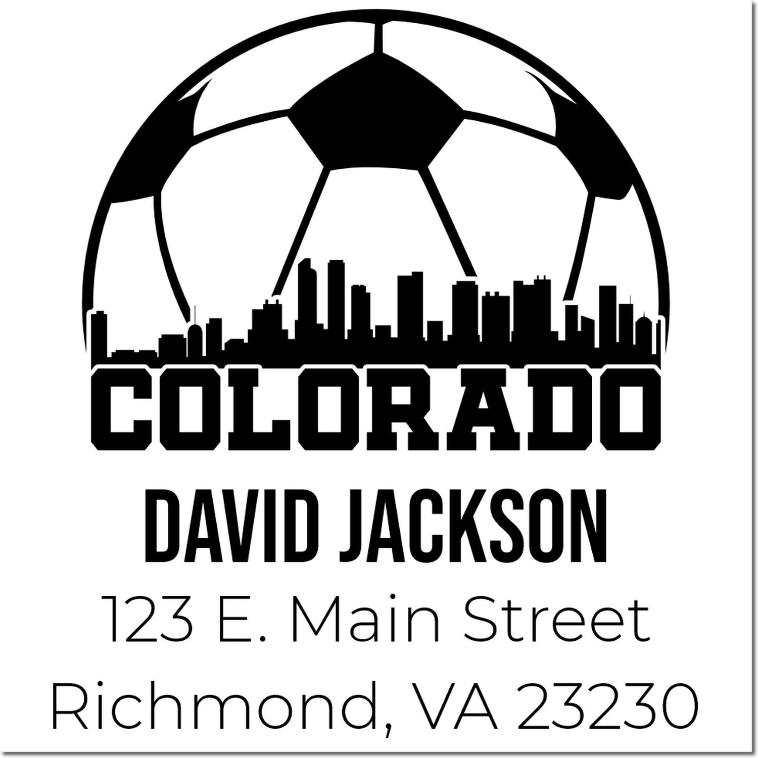 Custom Colorado soccer return address rubber stamp with skyline, David Jackson, Richmond, VA 23230