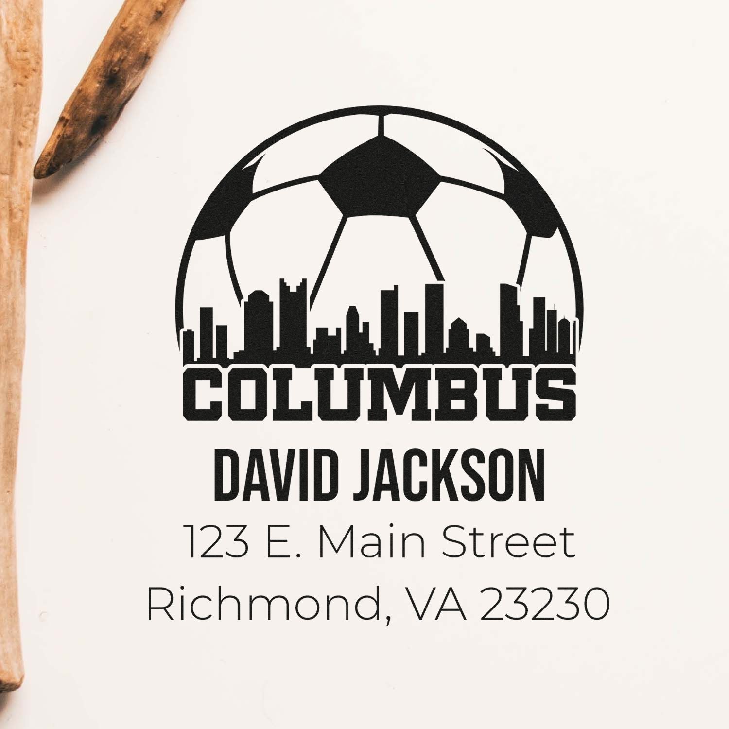 Custom Columbus address rubber stamp with soccer ball skyline, David Jackson name, and Richmond, VA 23230.
