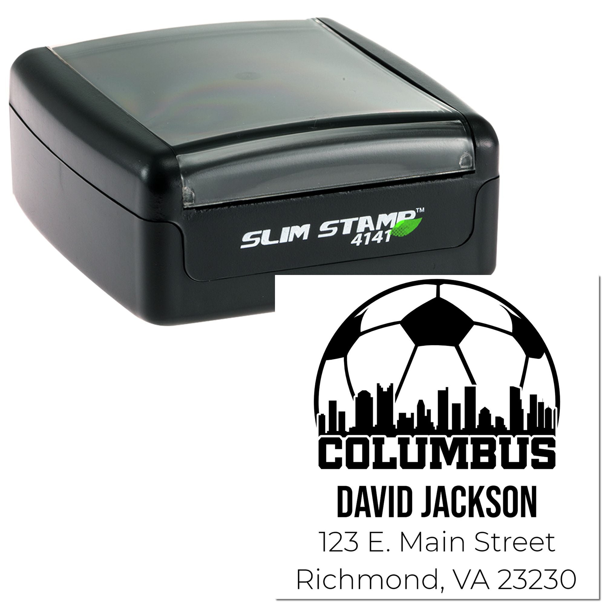 Slim Stamp 4141 custom self-inking rubber stamp with Columbus soccer logo and address imprint for business branding.