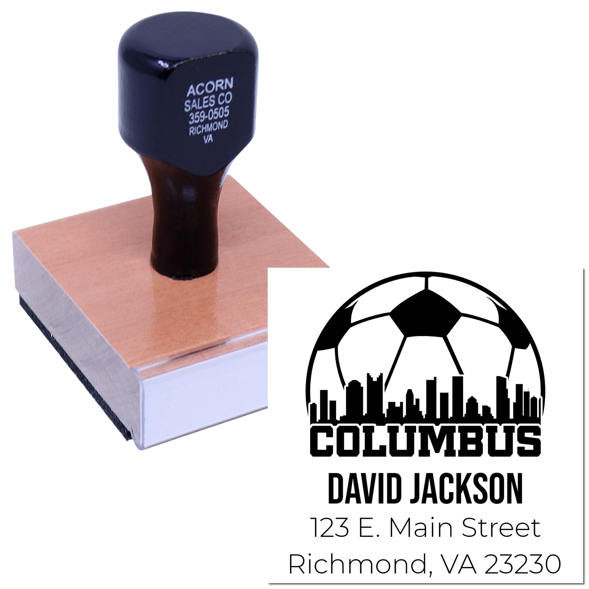 Custom rubber stamp for Columbus soccer club with name, address, and logo for branding and mailing.