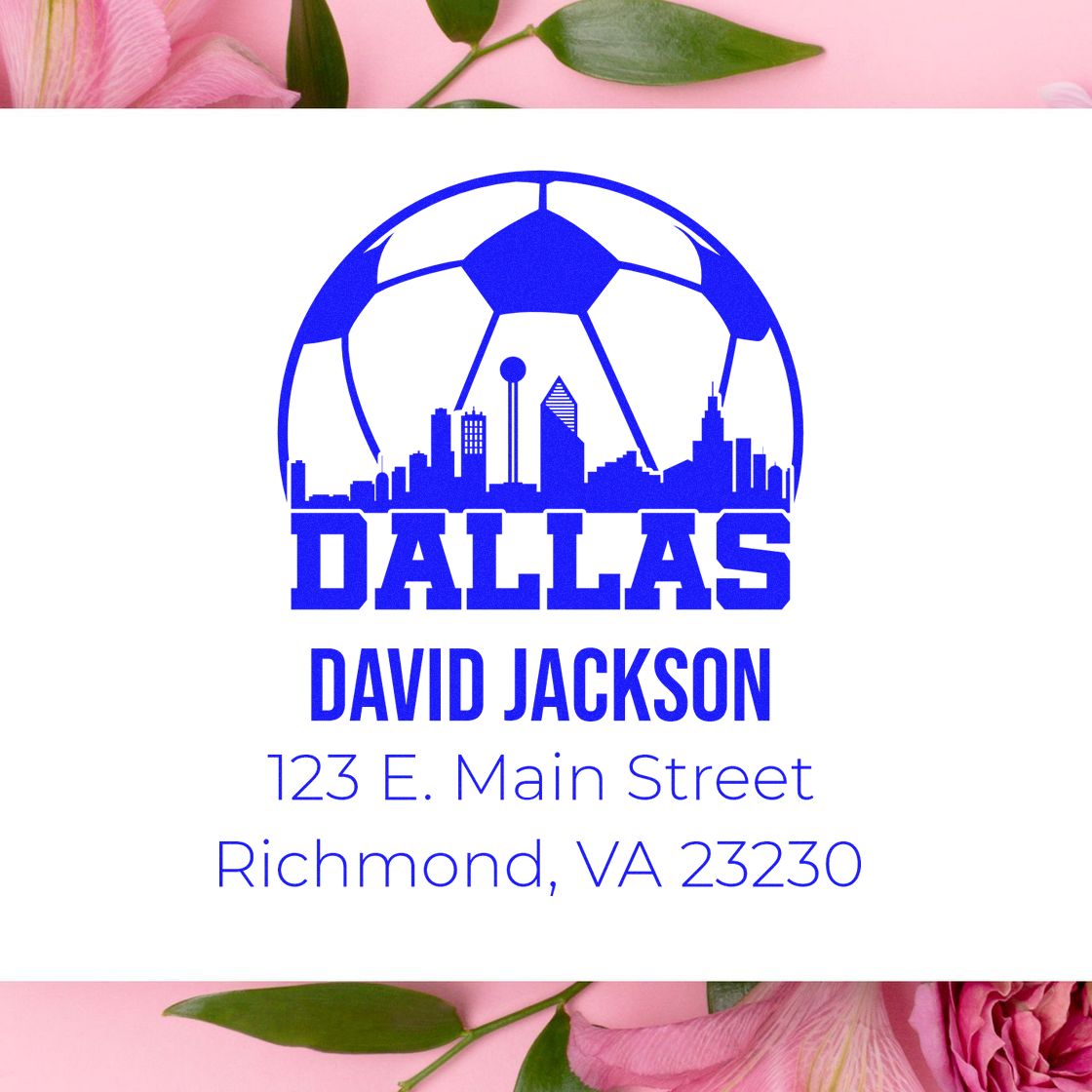 Custom Dallas return address rubber stamp with soccer ball skyline logo, David Jackson, Richmond, VA 23230.