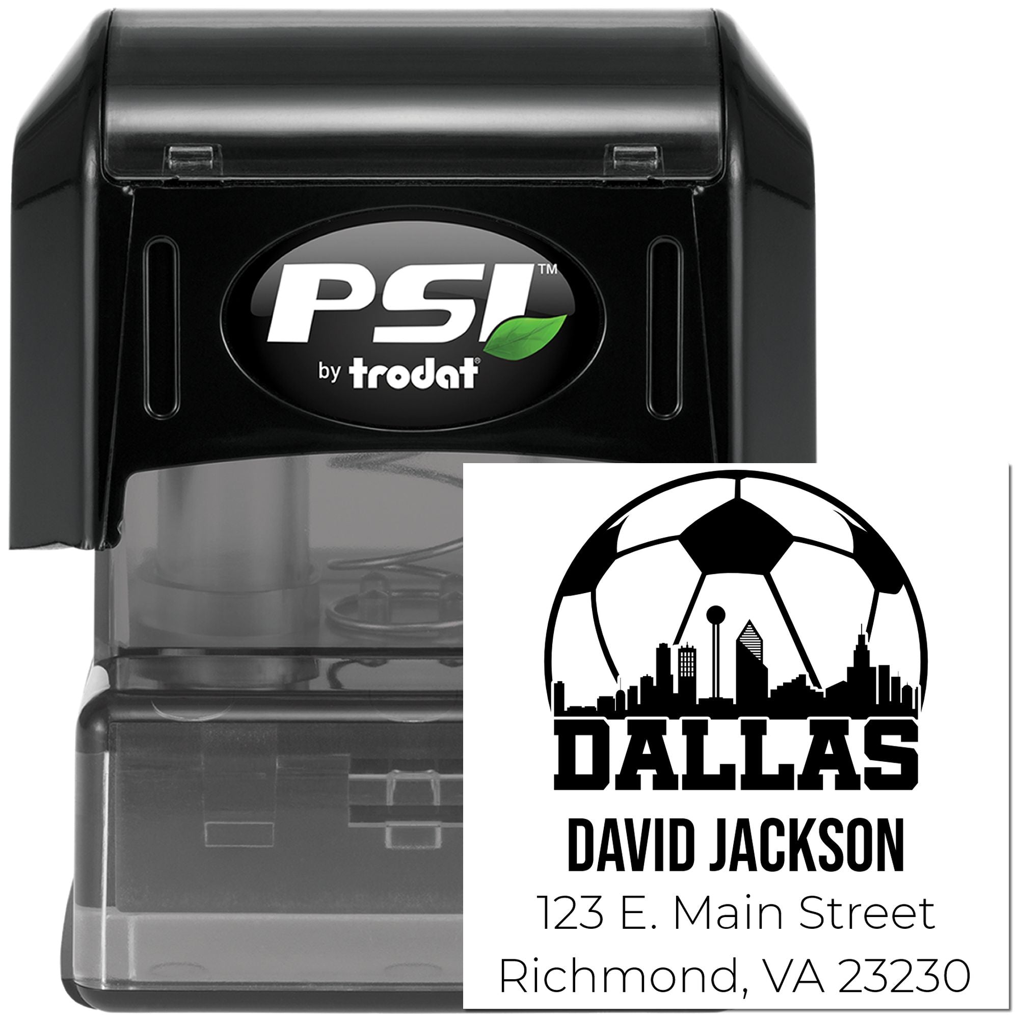 Custom self-inking rubber address stamp with Dallas soccer design, David Jackson name, and Richmond, VA return address.