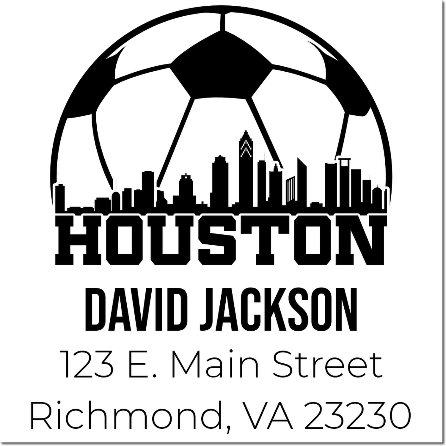 Personalized Houston soccer return address stamp with skyline, David Jackson, 123 E. Main Street, Richmond, VA 23230.