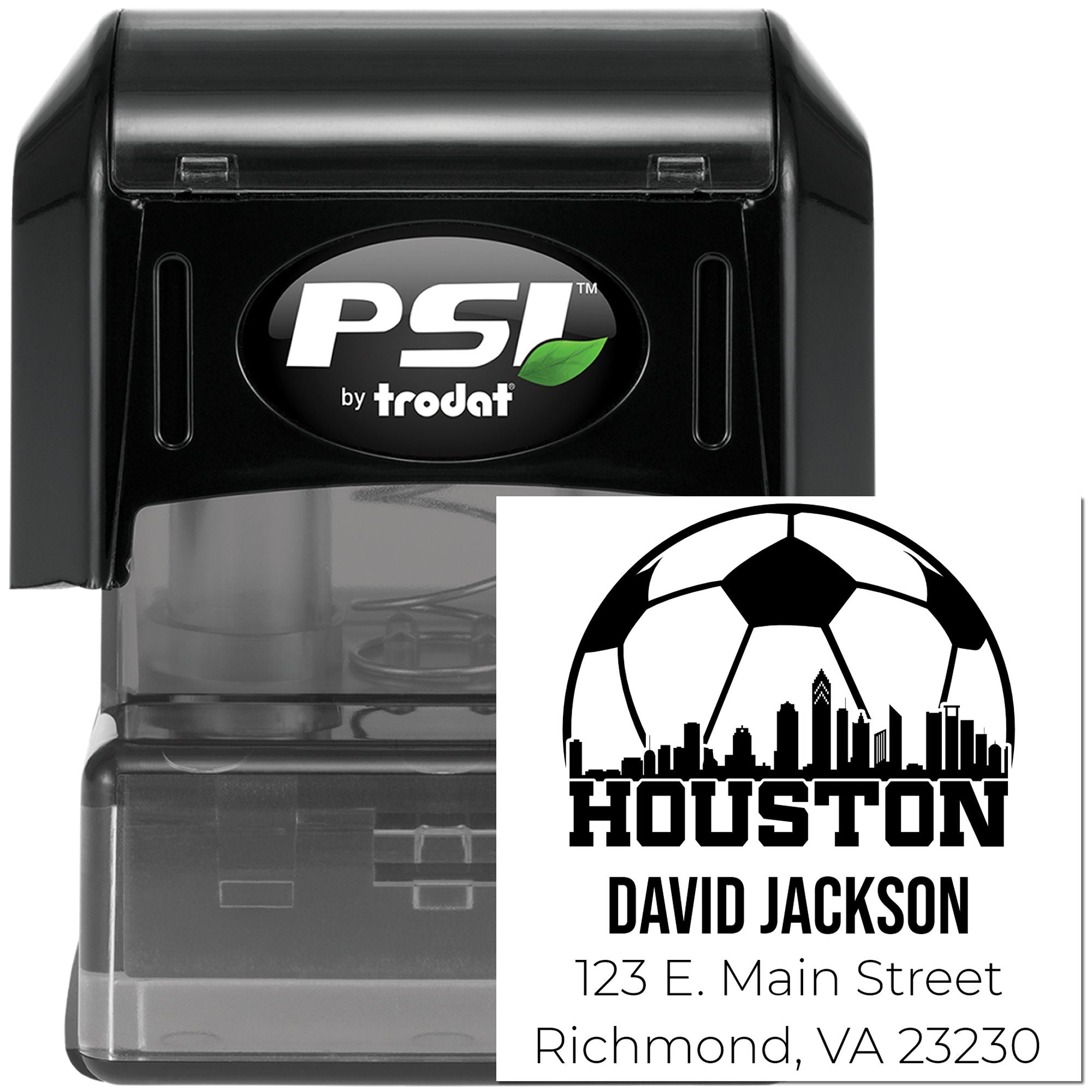 Custom self-inking PSI Trodat rubber stamp with Houston soccer skyline, David Jackson name, and return address.