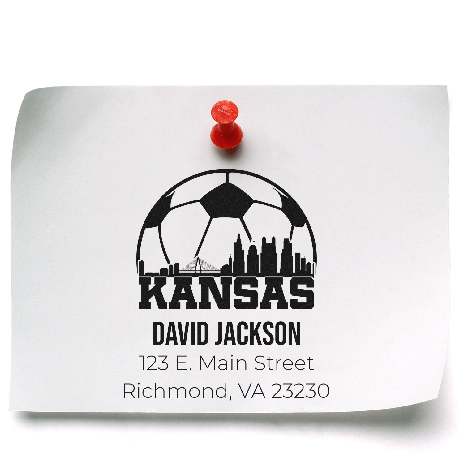 Custom Kansas rubber stamp with soccer ball skyline logo, personalized name and address for business branding.