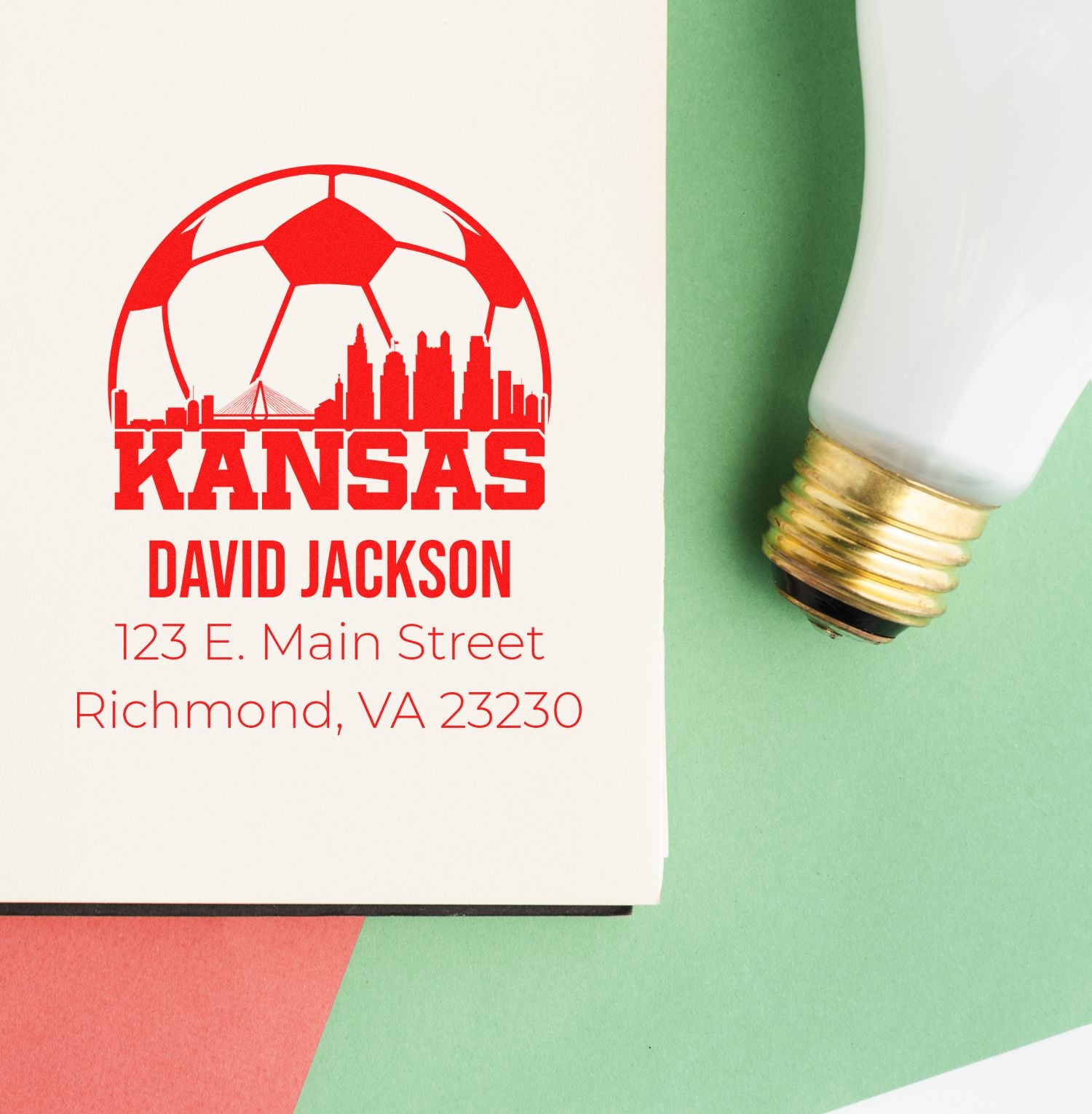 Custom Kansas rubber stamp with soccer skyline, David Jackson name, and Richmond, VA address for business branding.