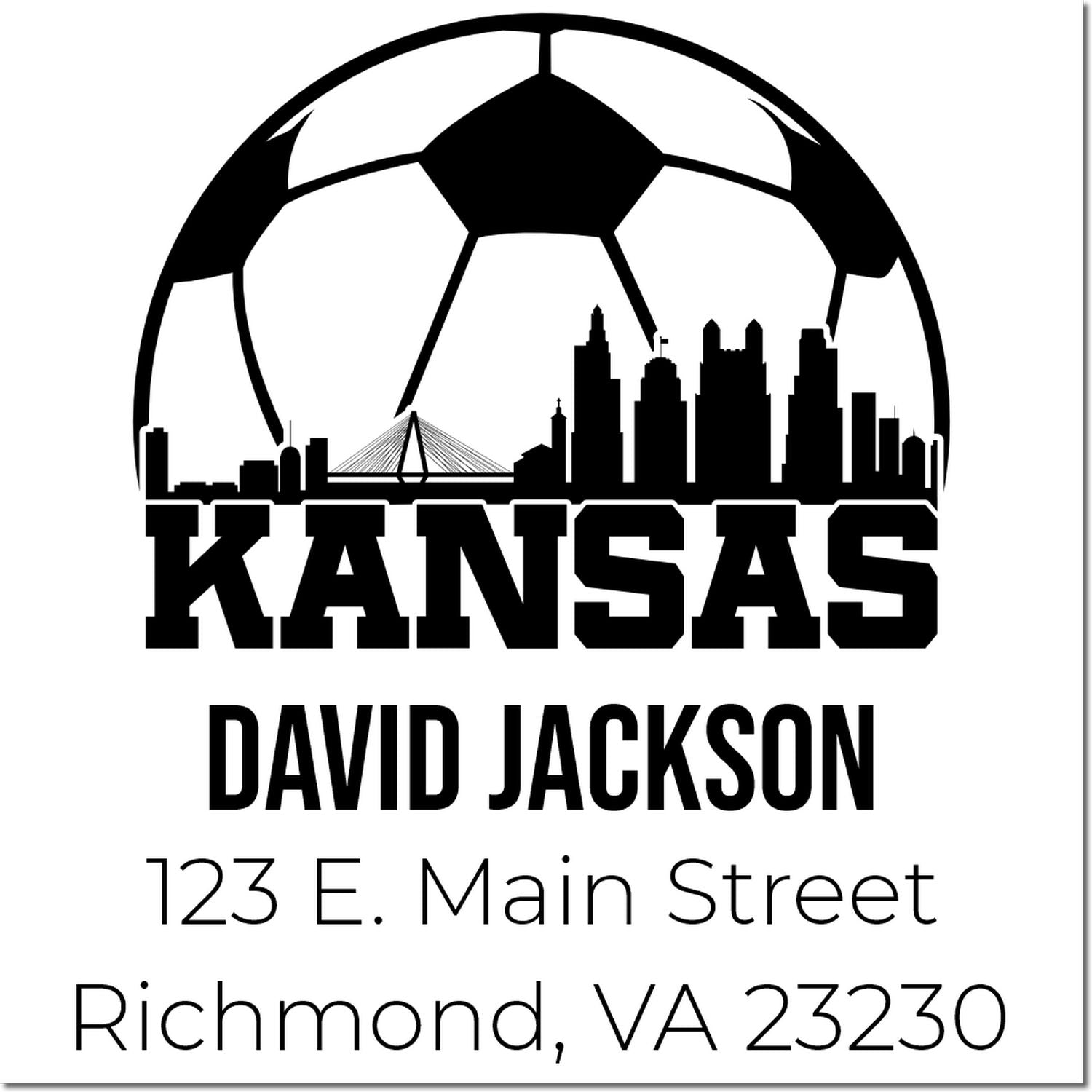 Custom Kansas return address stamp for David Jackson, 123 E. Main Street, Richmond, VA 23230, with soccer skyline design.