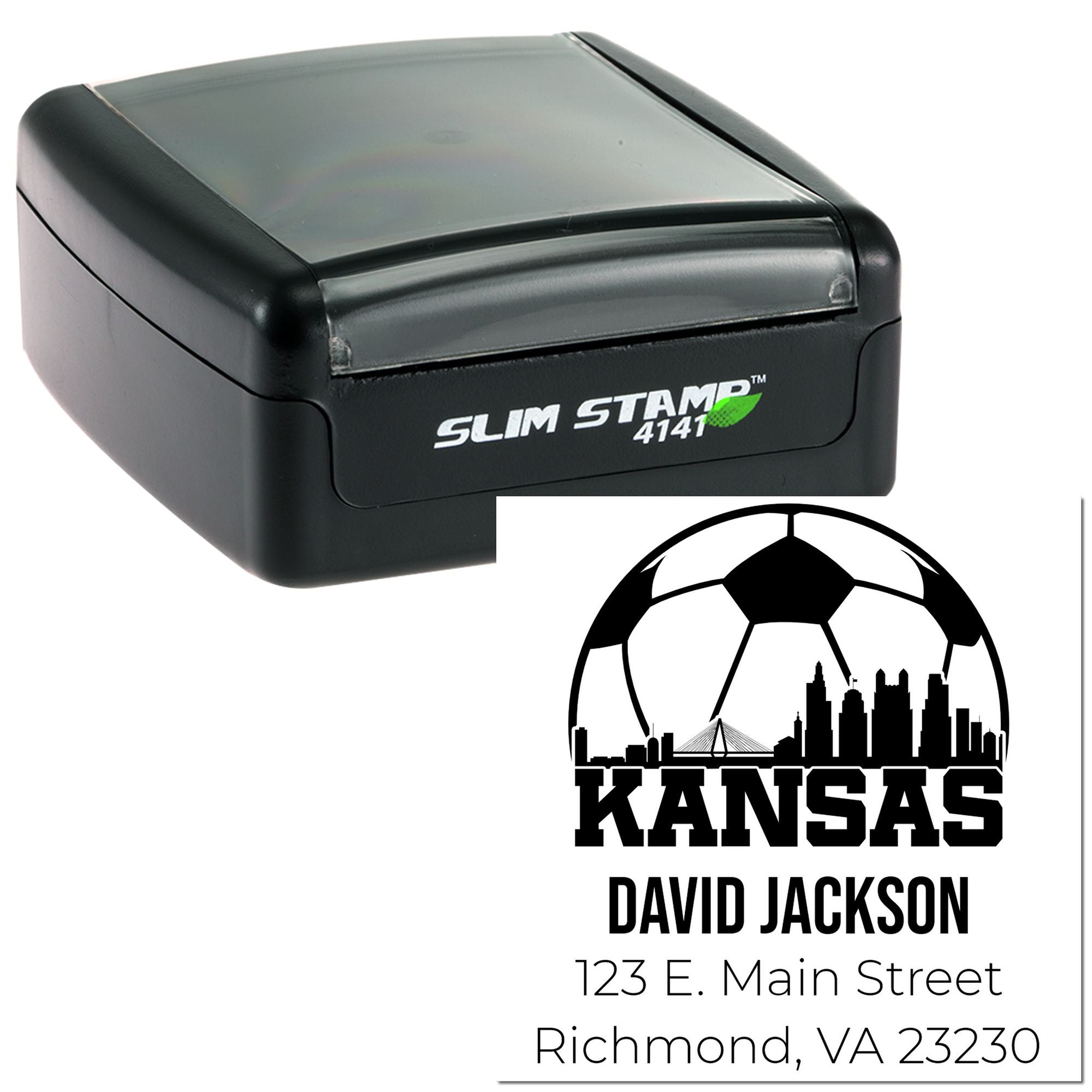 Custom slim rubber stamp with Kansas soccer design, name, and address imprint for return mail