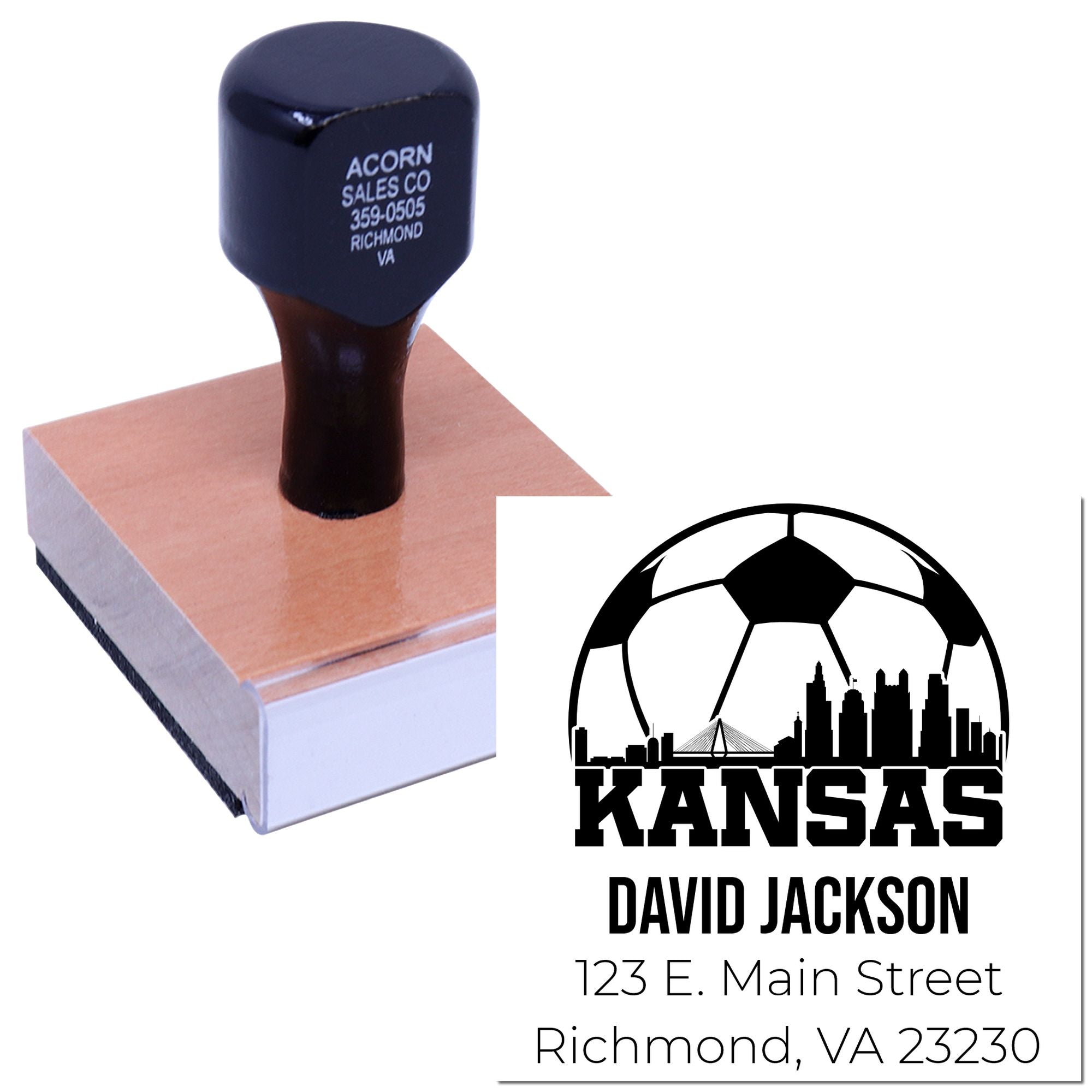 Custom rubber stamp for Kansas soccer branding with name and address, shown with stamp block and printed impression.