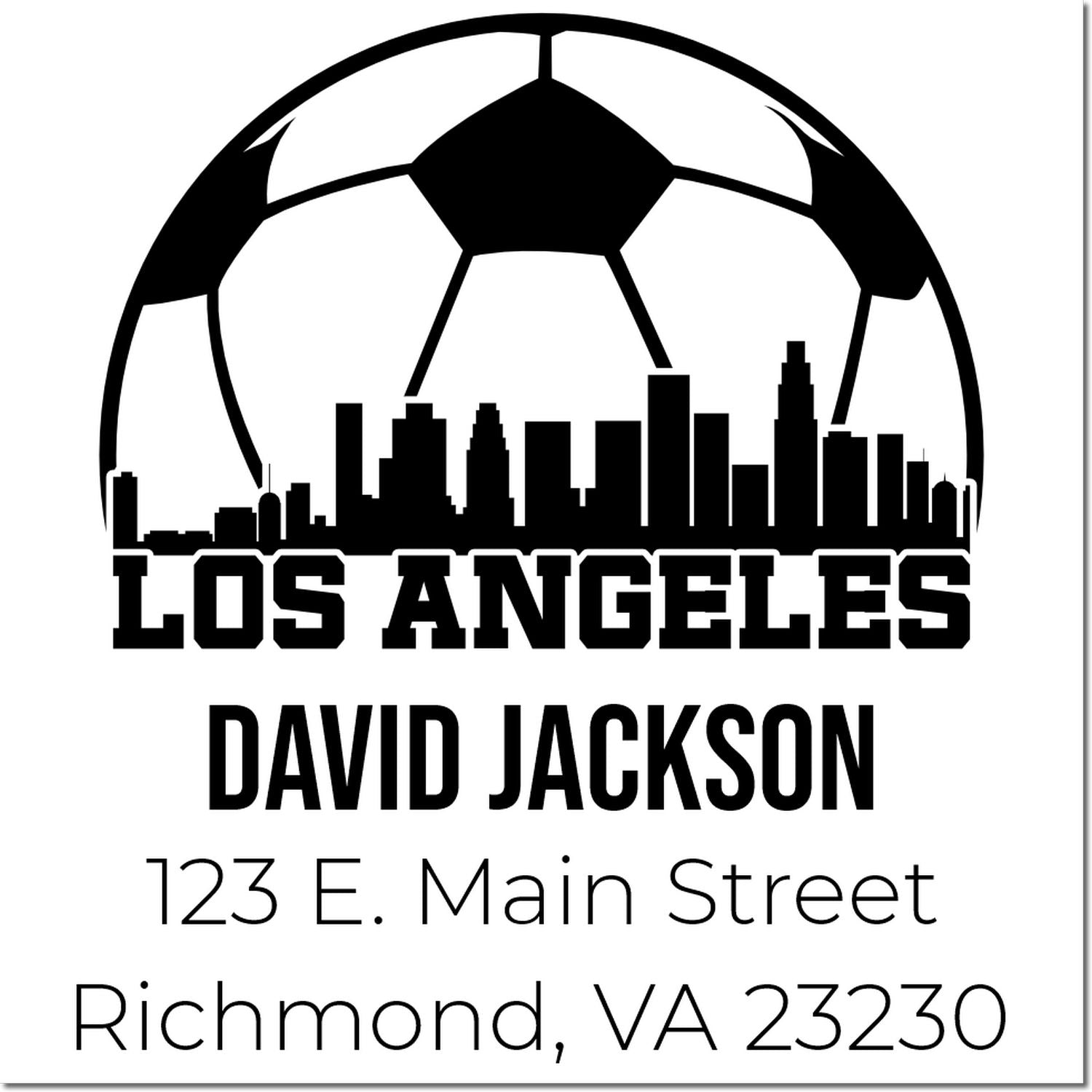 Custom return address rubber stamp for David Jackson, Los Angeles, with soccer skyline logo and address.