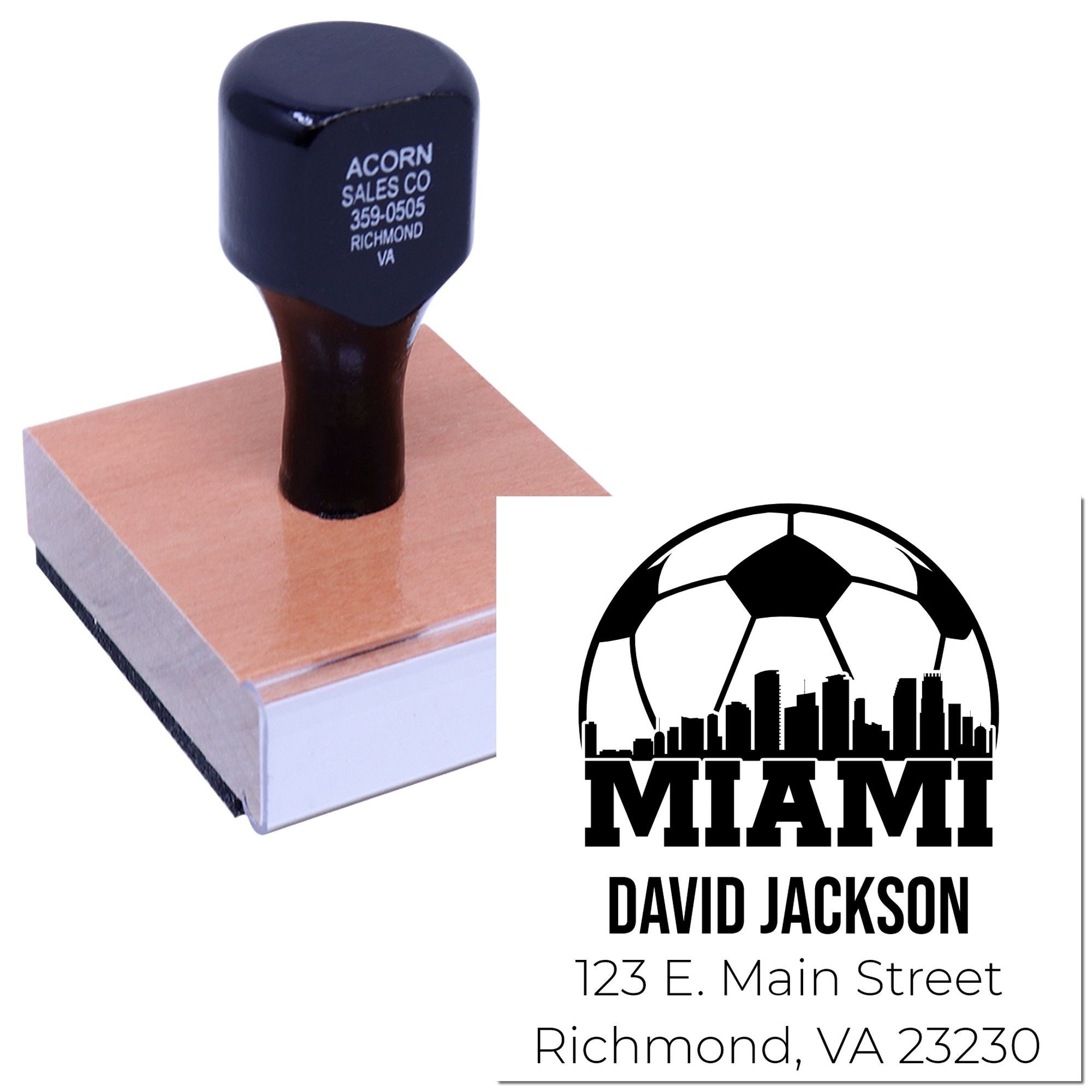 Custom rubber address stamp with Miami soccer logo, name, and return address for personalized business or mailing use.