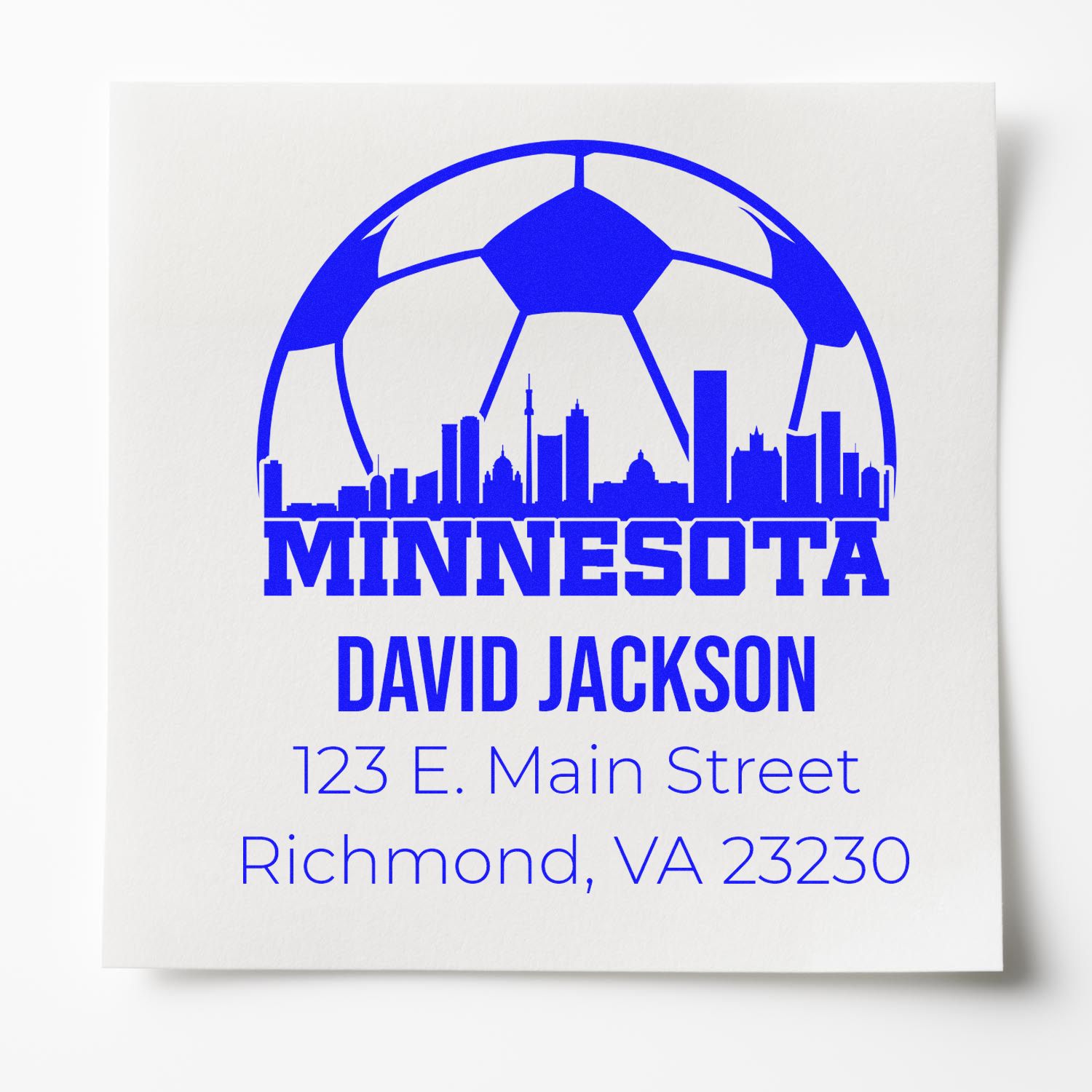 Custom Minnesota soccer skyline return address rubber stamp for David Jackson, 123 E. Main St., Richmond, VA 23230