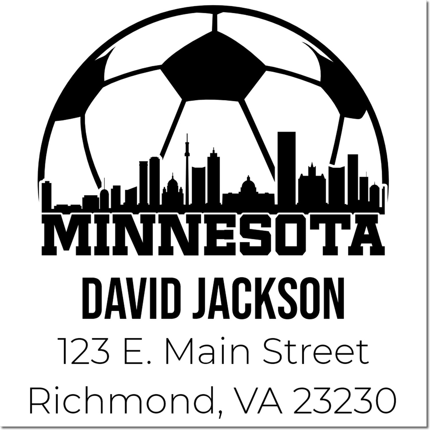 Custom Minnesota rubber stamp with soccer ball skyline, David Jackson name, and Richmond, VA address for personal branding.