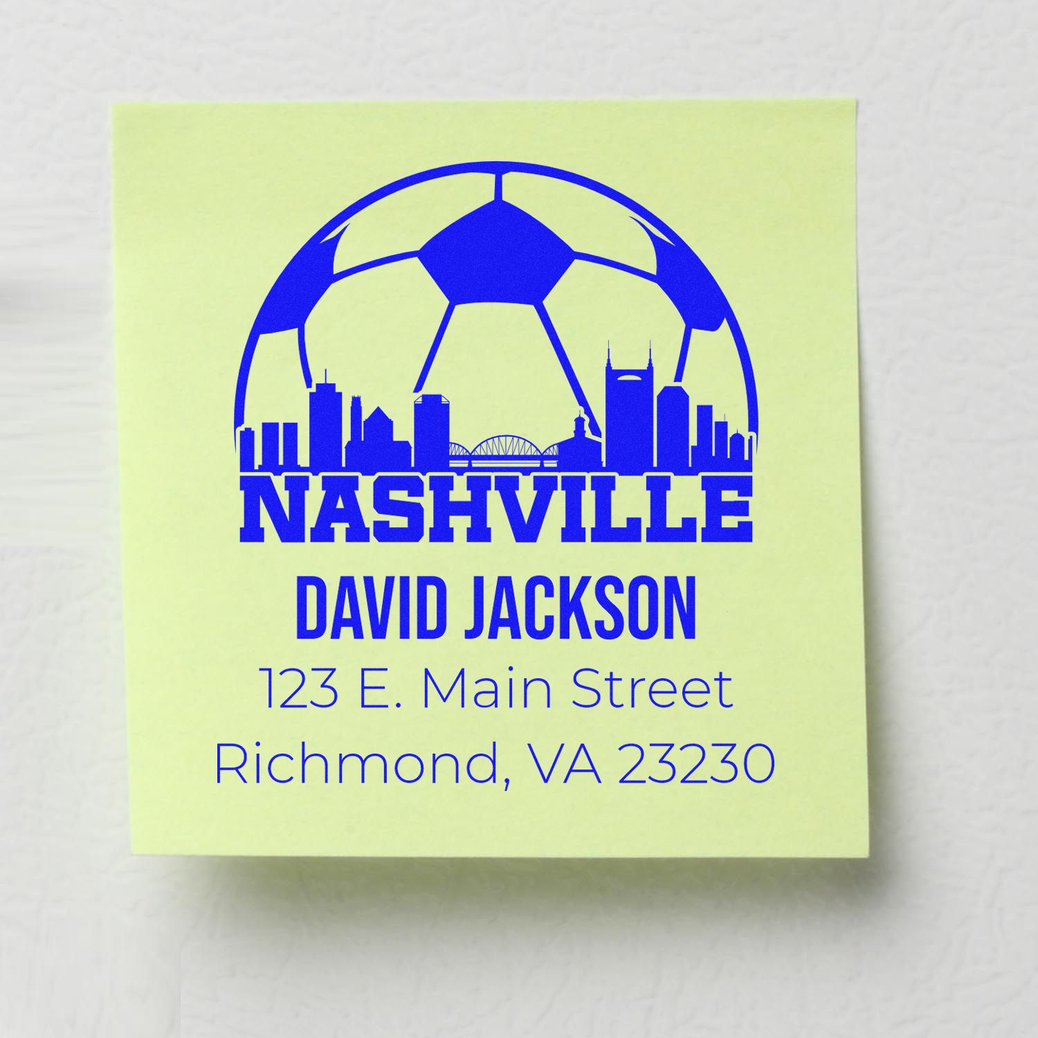 Custom Nashville rubber stamp with soccer ball skyline, featuring David Jackson and Richmond, VA address.