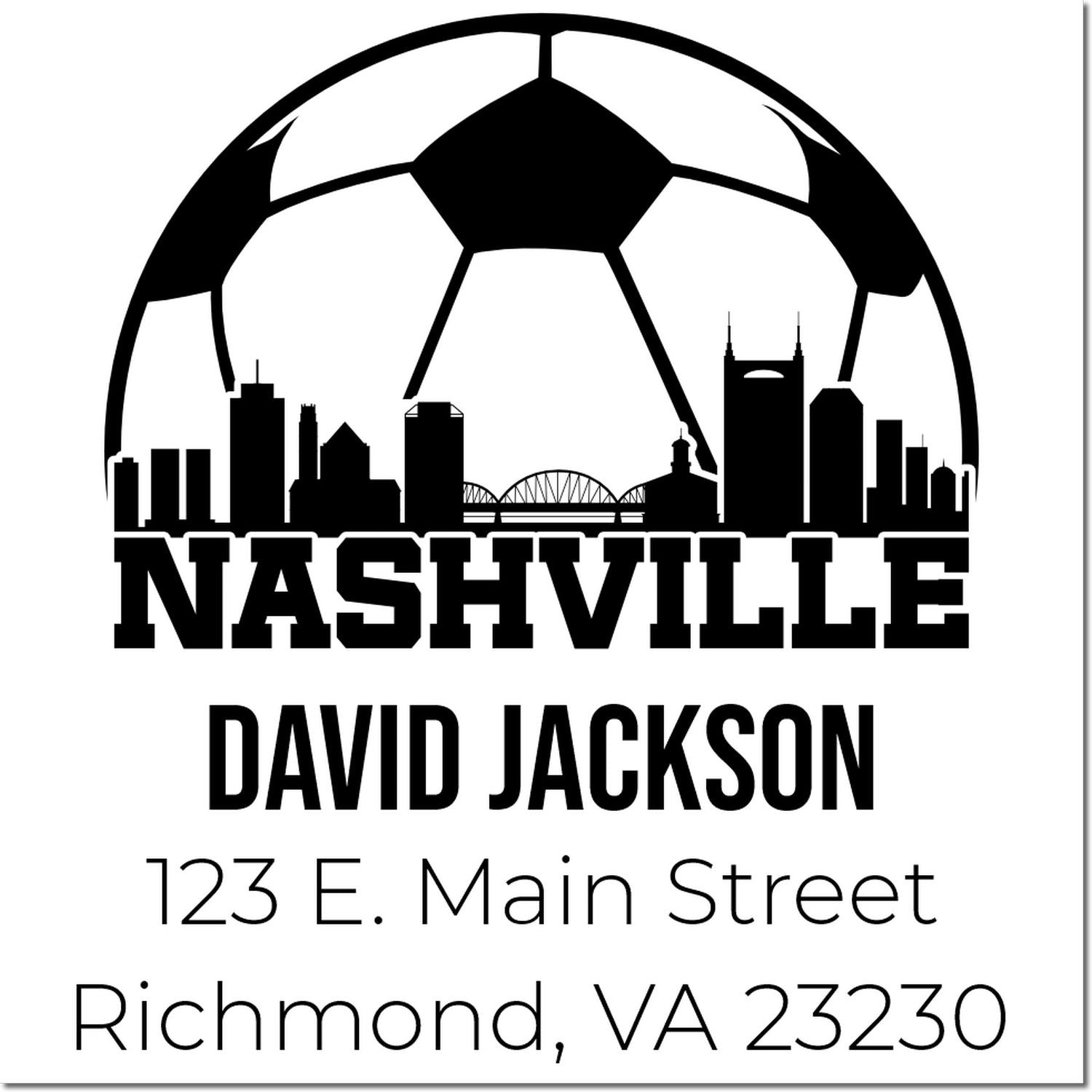 Nashville custom rubber stamp with soccer ball skyline, David Jackson, 123 E. Main Street, Richmond, VA 23230.