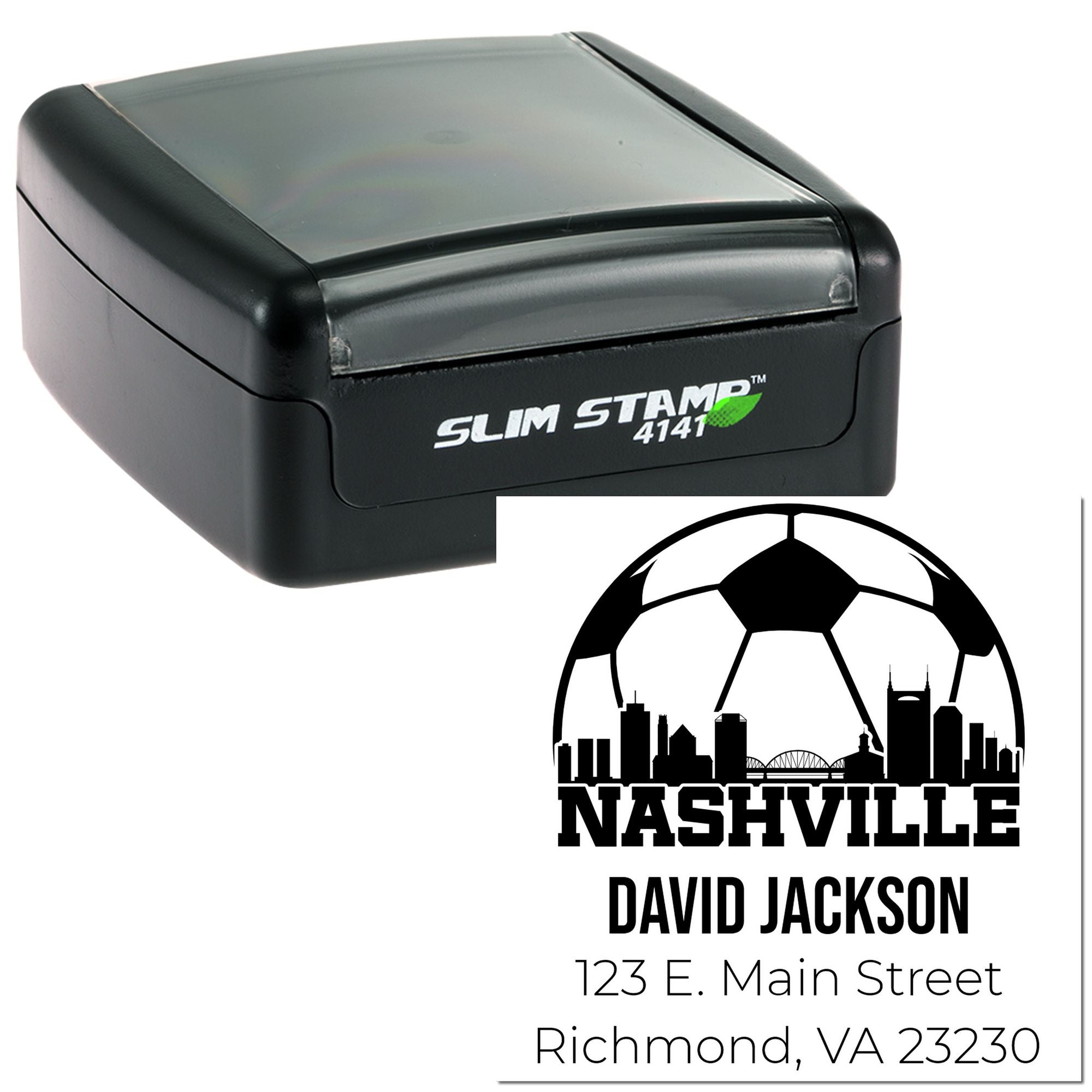 Custom self-inking rubber stamp with Nashville skyline, personalized name and address for David Jackson, Richmond, VA.