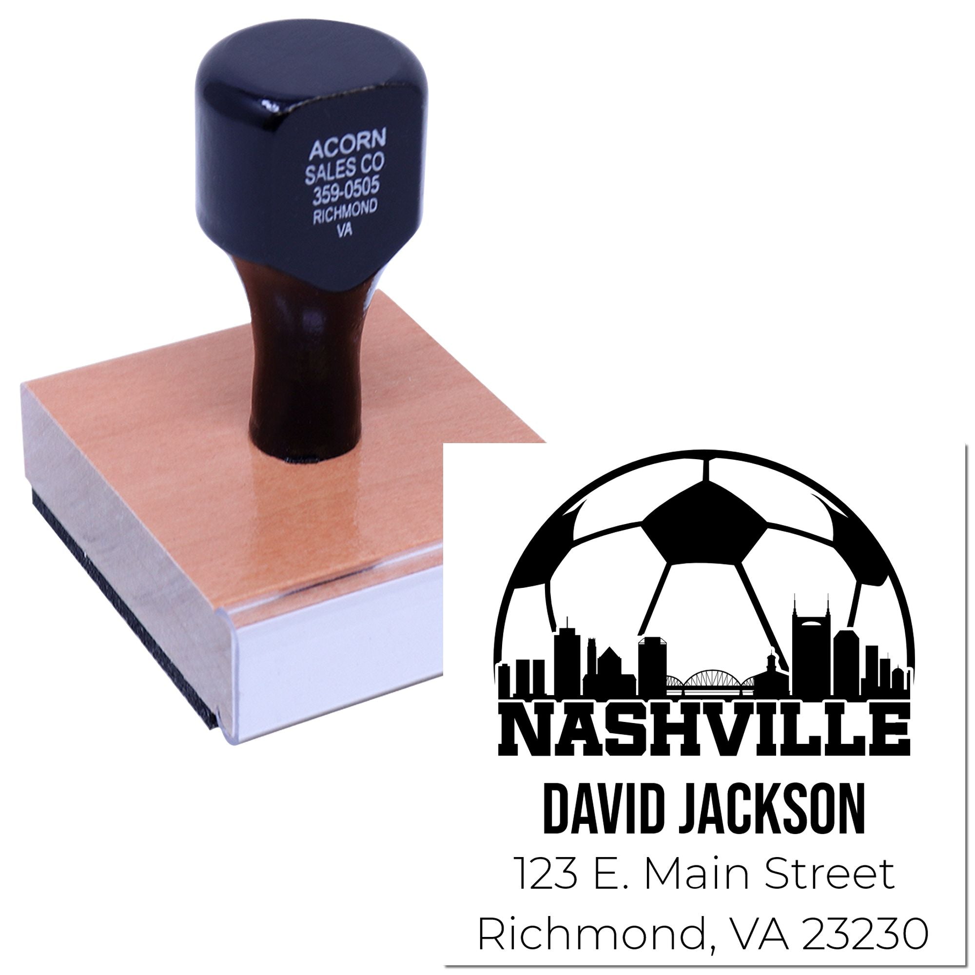 Custom rubber stamp with Nashville skyline soccer logo and return address for David Jackson, Richmond, VA.
