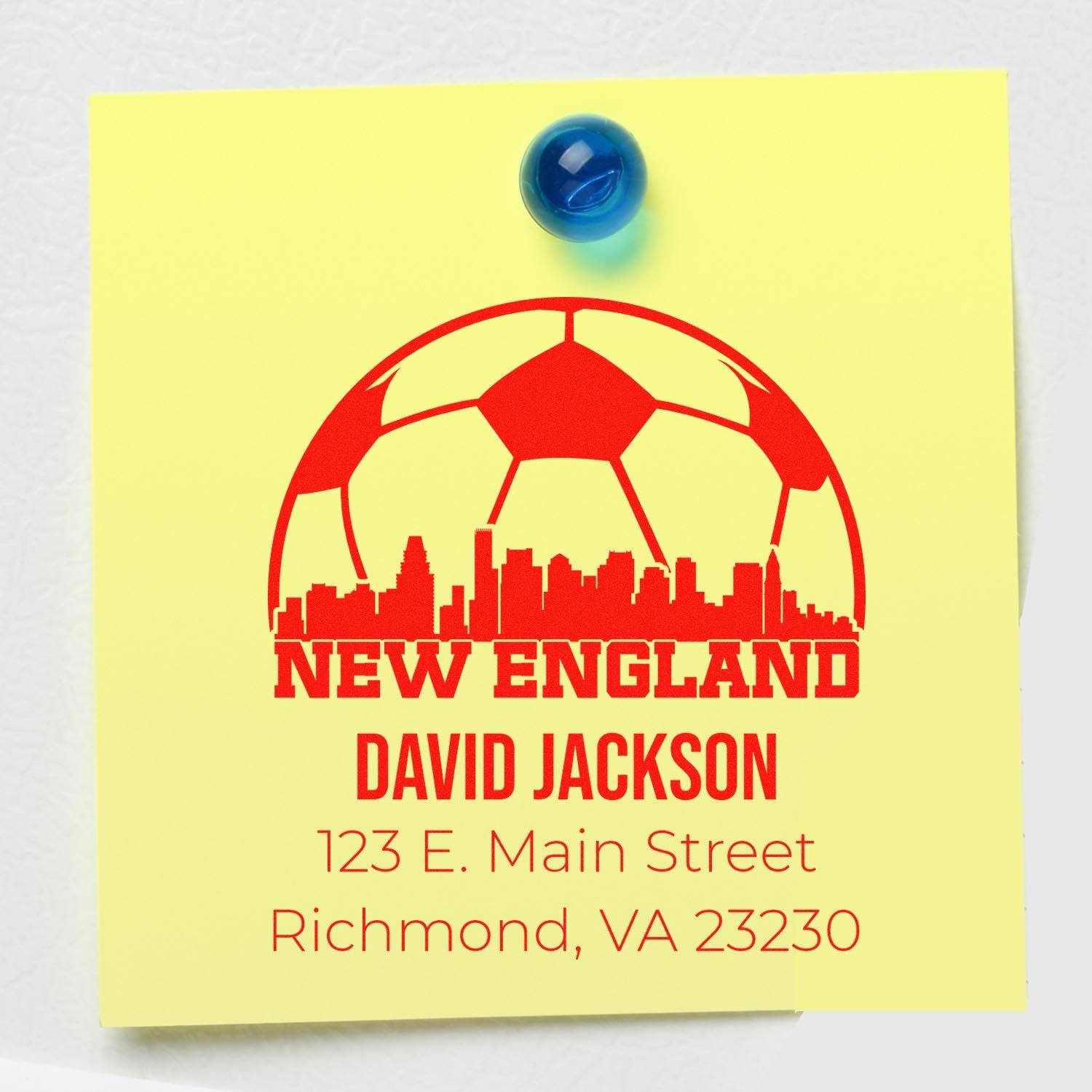 Custom return address rubber stamp with New England soccer logo, David Jackson name, and Richmond, VA 23230 address.