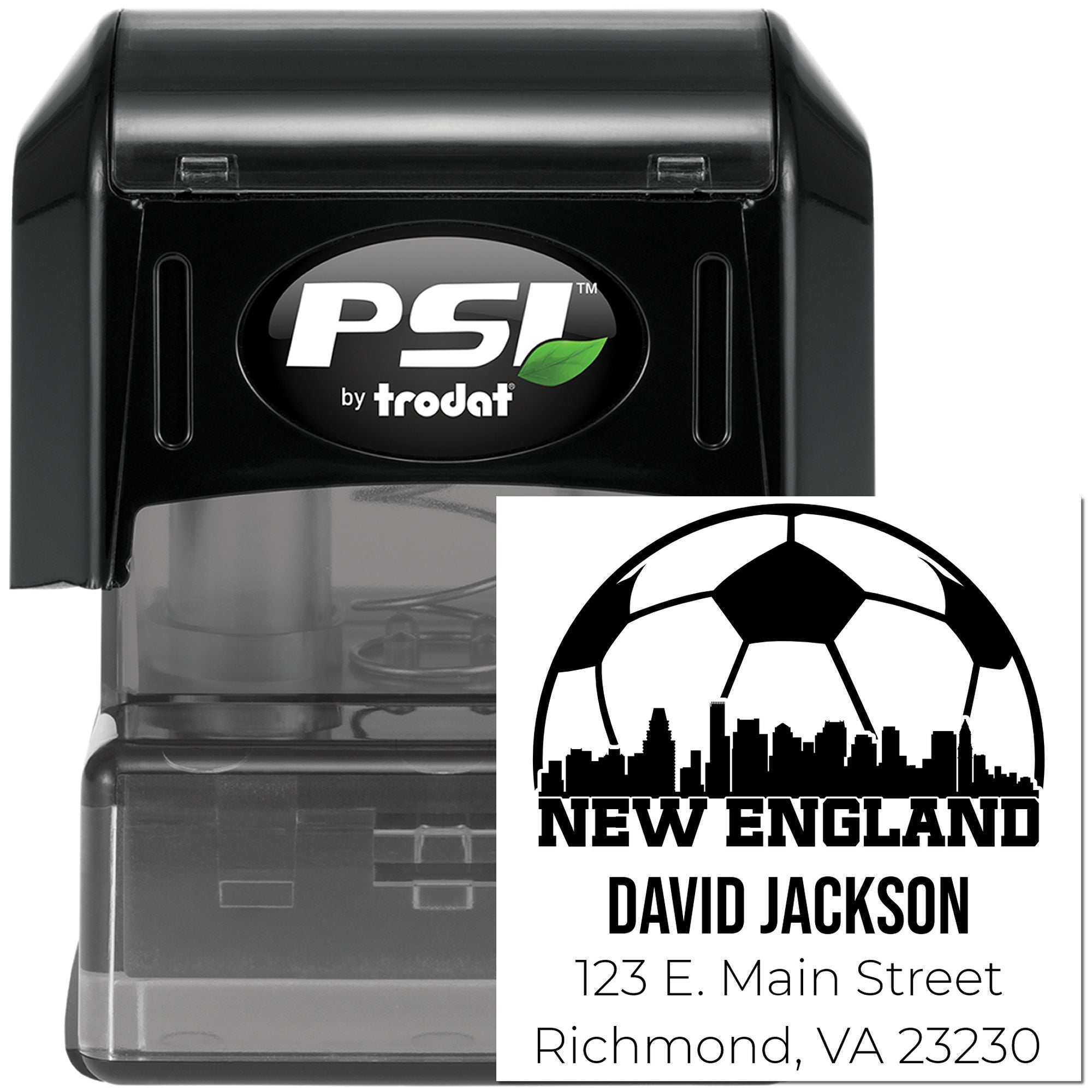 PSI by Trodat custom self-inking rubber stamp with New England soccer logo, David Jackson name, and Richmond, VA address.