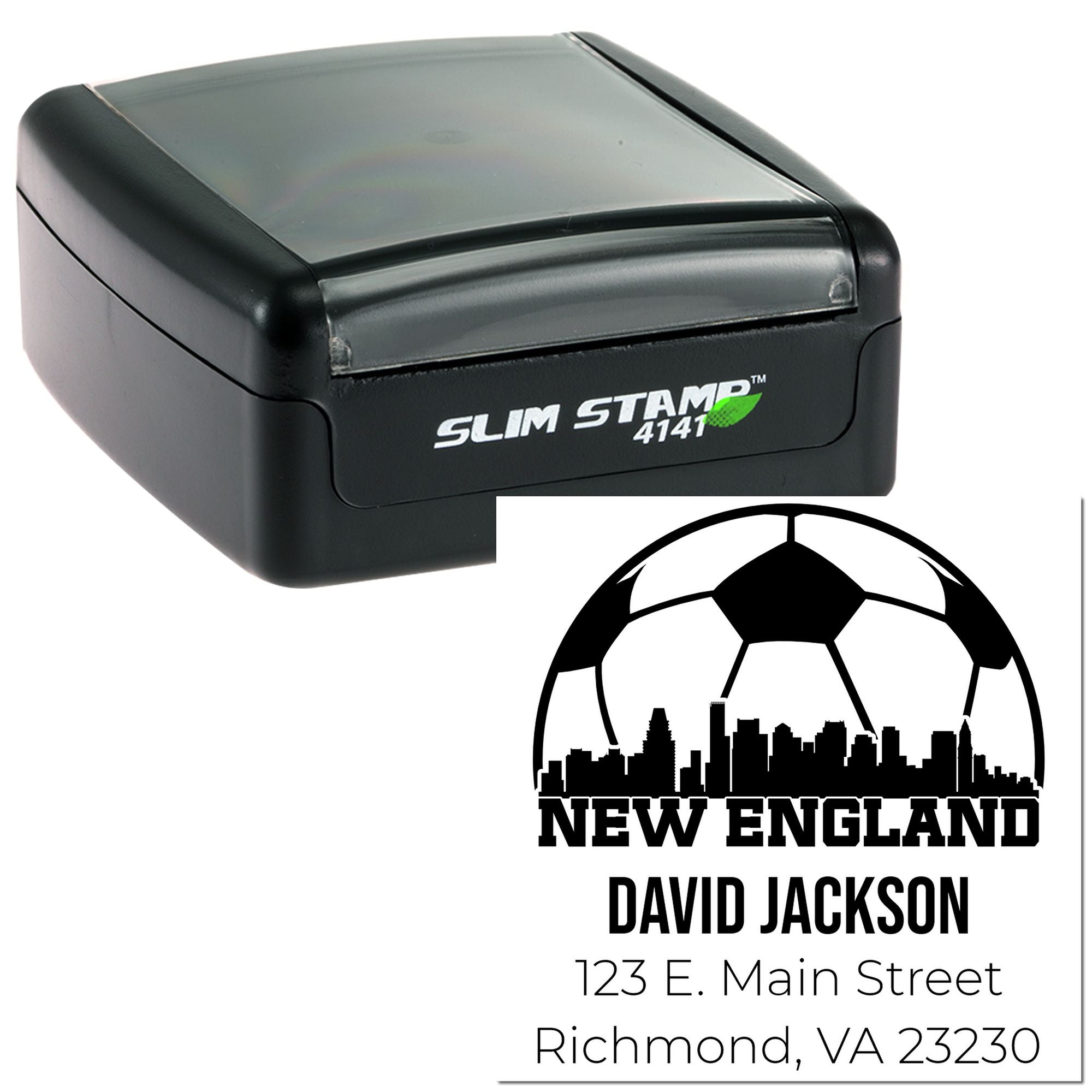 Custom self-inking return address rubber stamp with New England soccer skyline design for David Jackson, Richmond, VA.