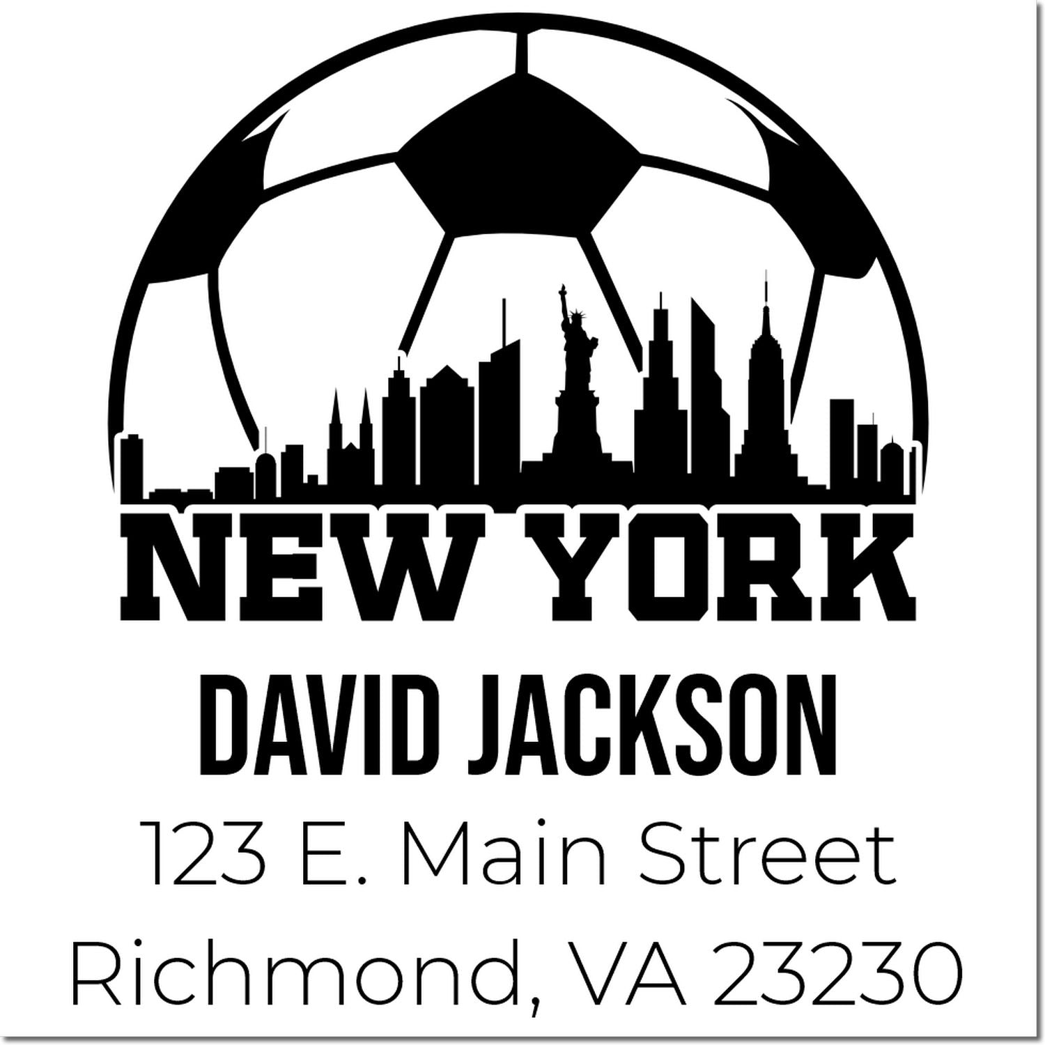 Custom New York skyline soccer rubber stamp with David Jackson name and Richmond, VA address